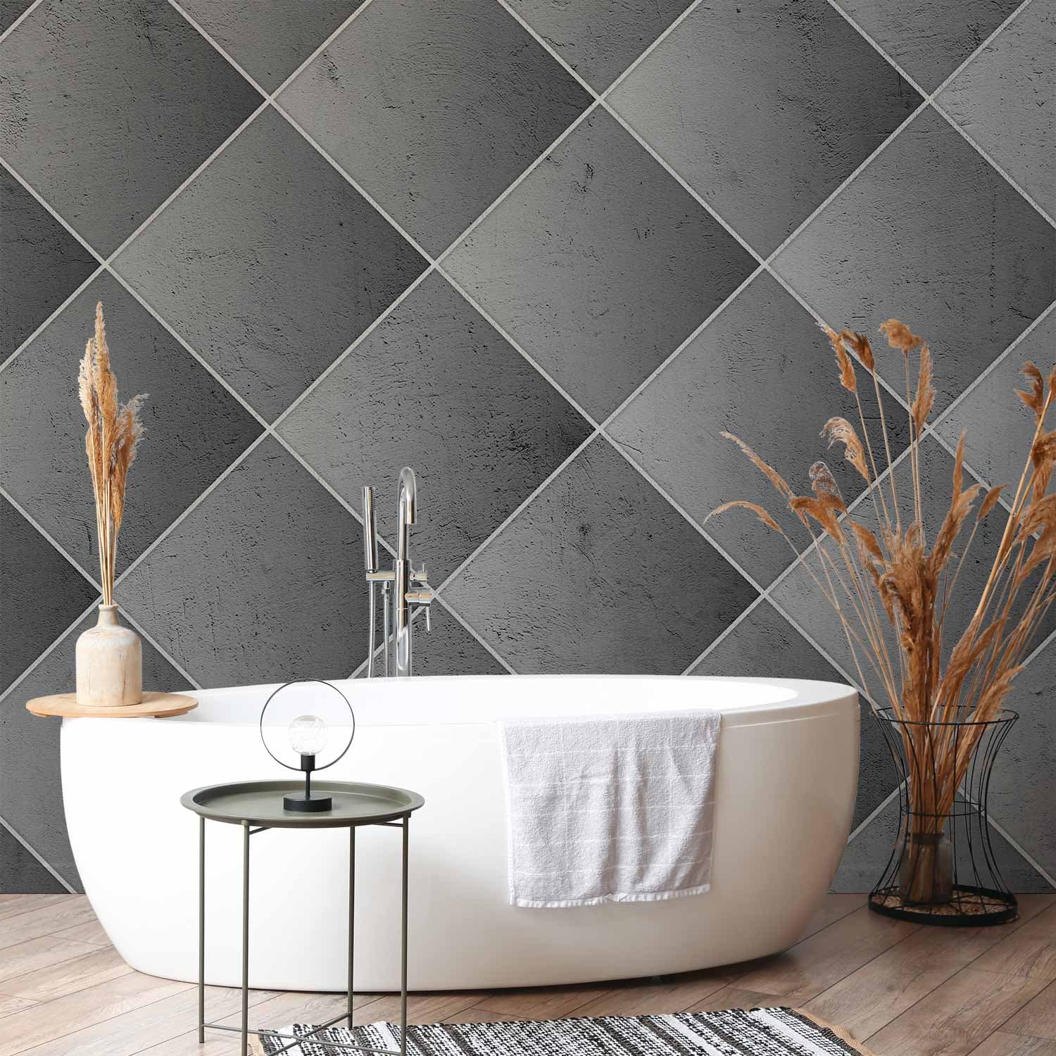 Fototapeta Szara symetria - geometryczny wzór w deseń z betonu z białymi fugami 300×210 cm, materiał wodoodporny