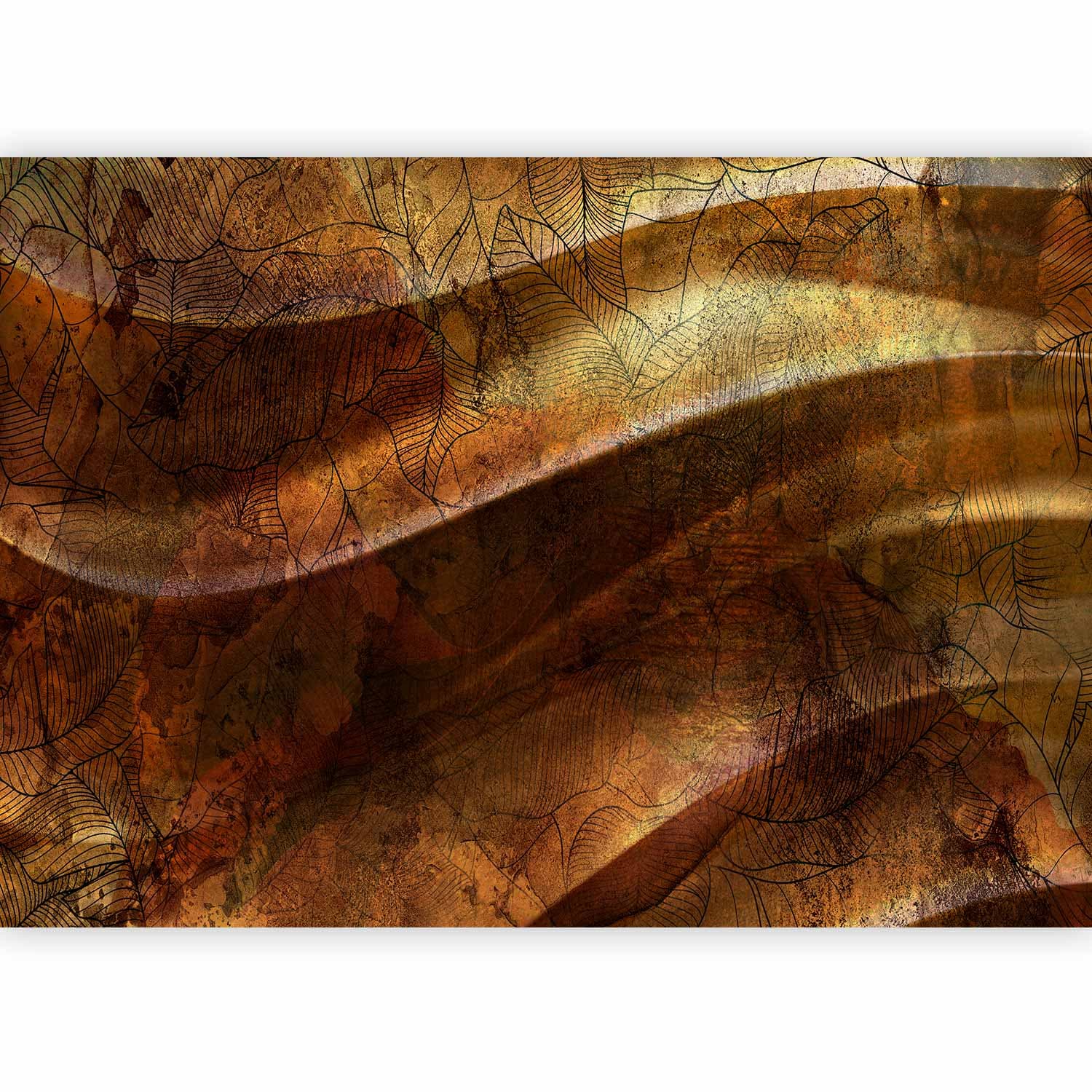 Fototapeta Płynne złoto - abstrakcyjna falowana kompozycja z deseniami w liście 300×210 cm, flizelina standard