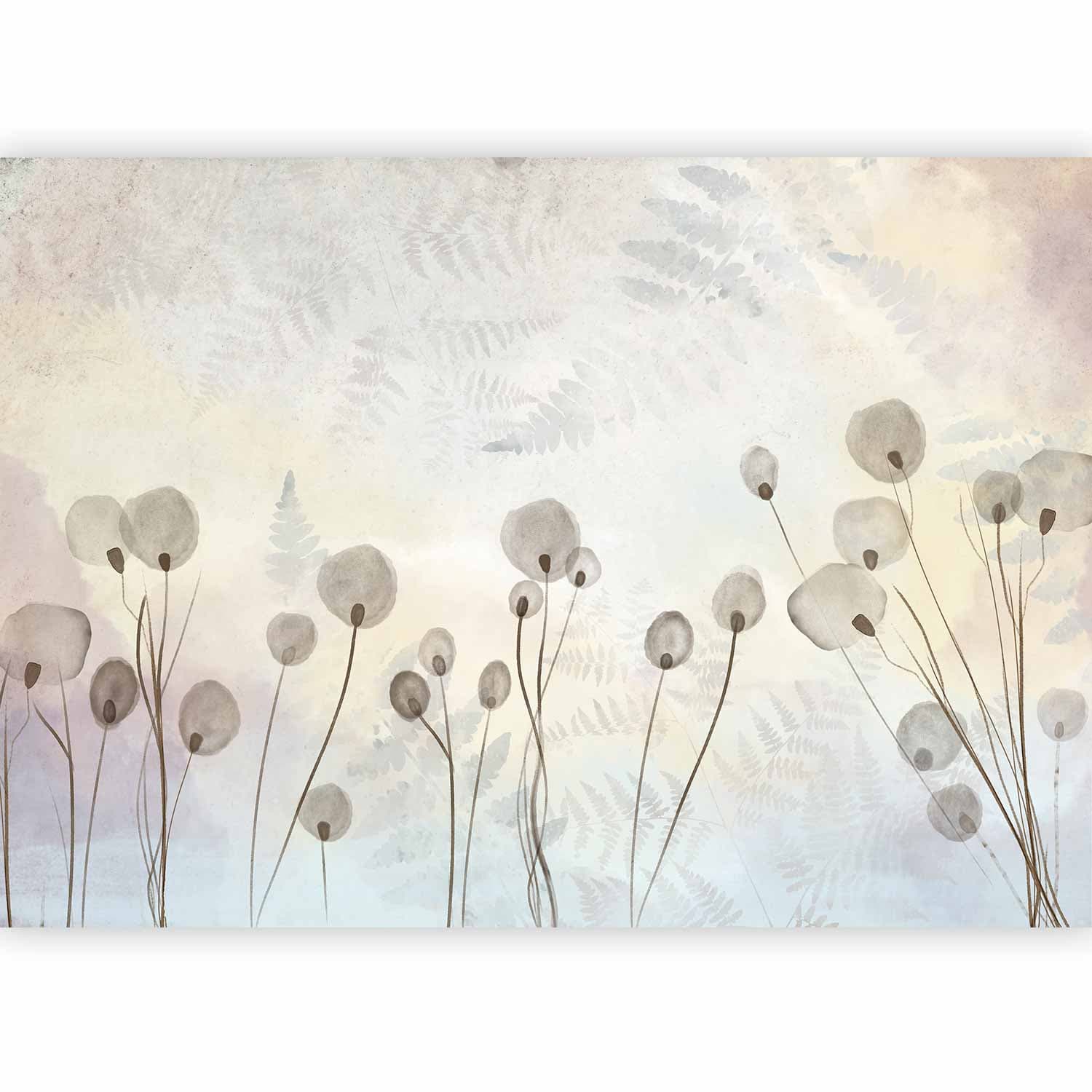 Wall mural Minimalistyczna łąka - roślinny motyw w jasnych odcieniach z odbiciami 400×280 cm, premium non-woven