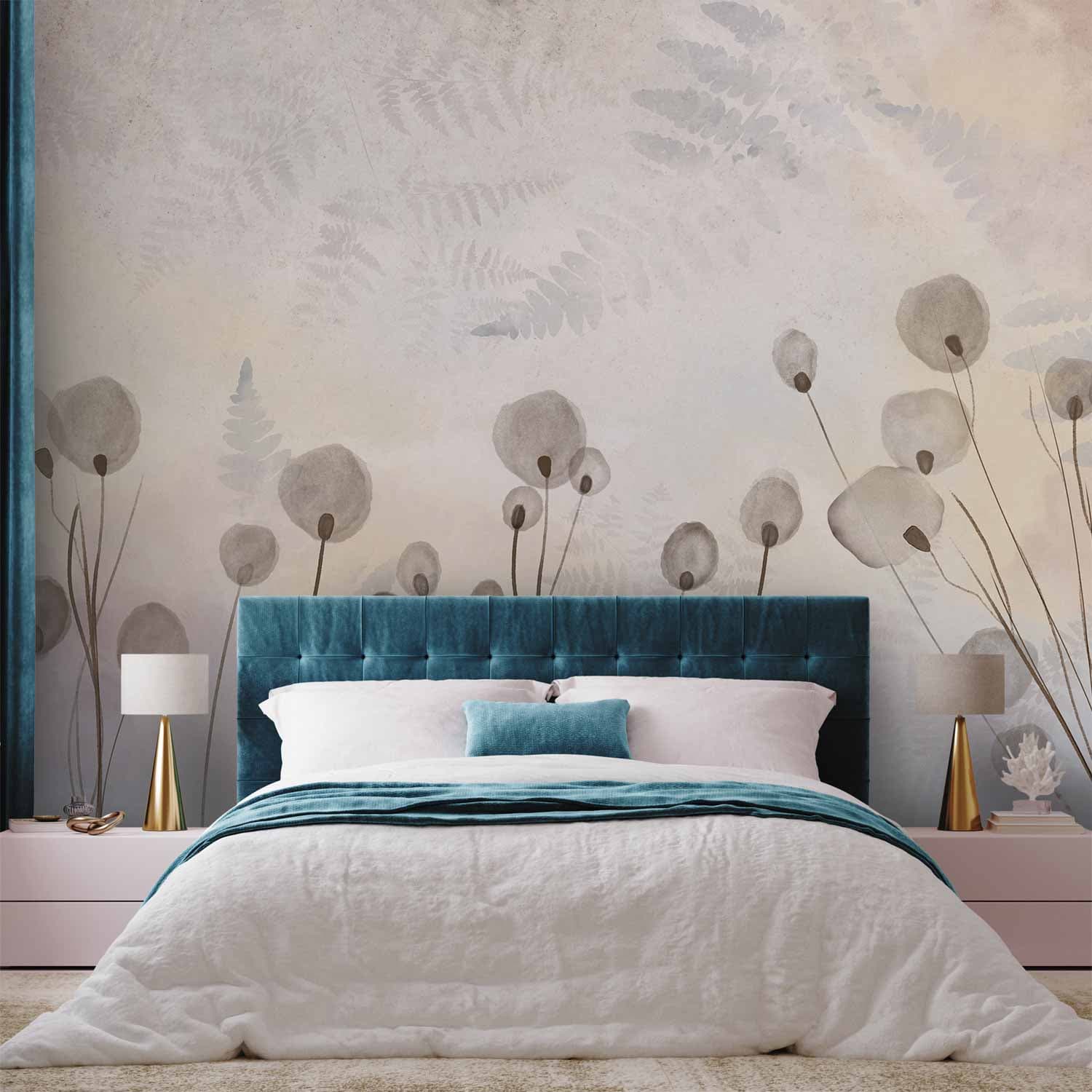 Wall mural Minimalistyczna łąka - roślinny motyw w jasnych odcieniach z odbiciami 400×280 cm, premium non-woven