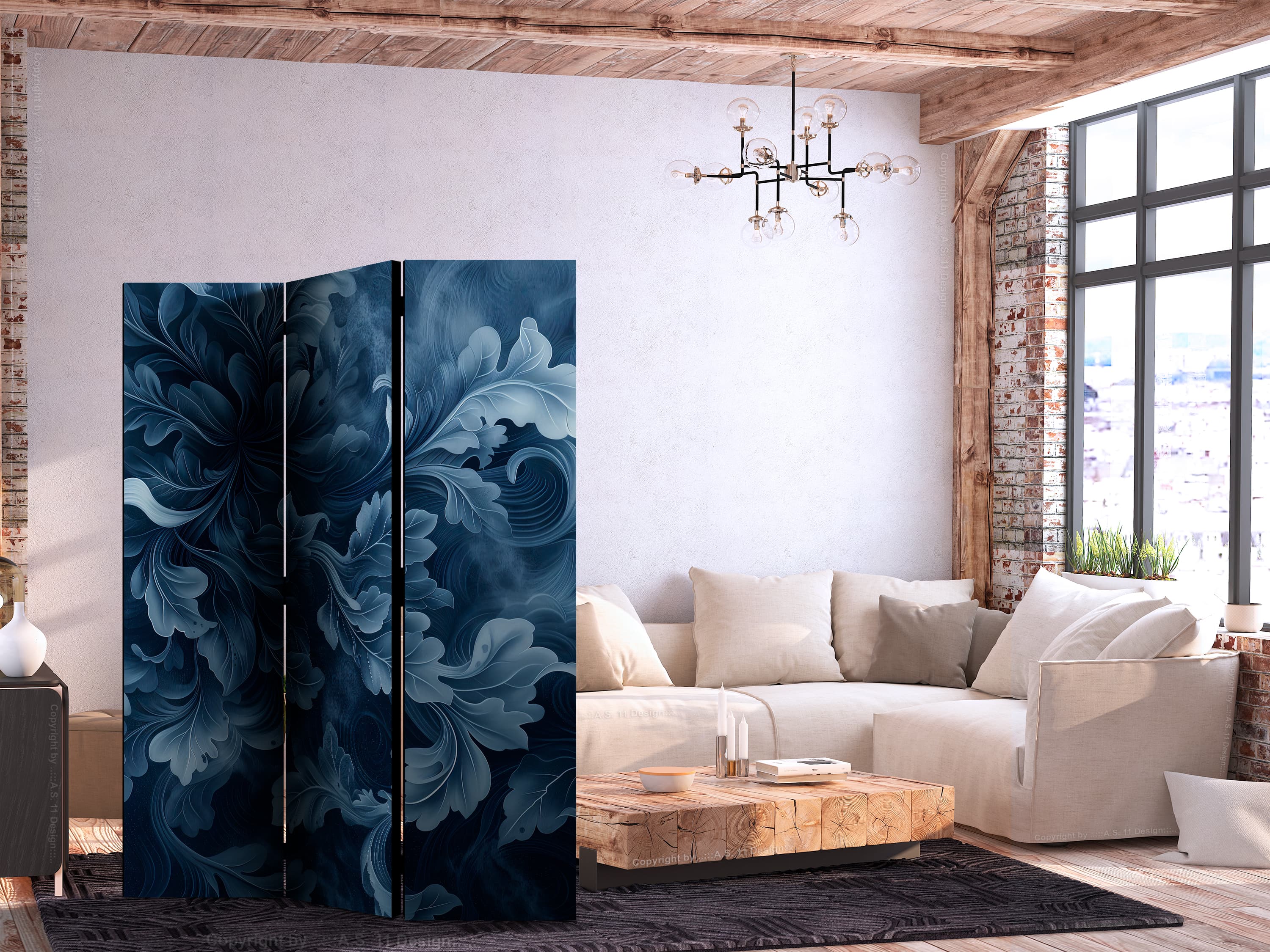 Room divider Ornamenty abstrakcyjne - ciemnoniebieskie wiktoriańskie liście 135×172 cm, one-sided