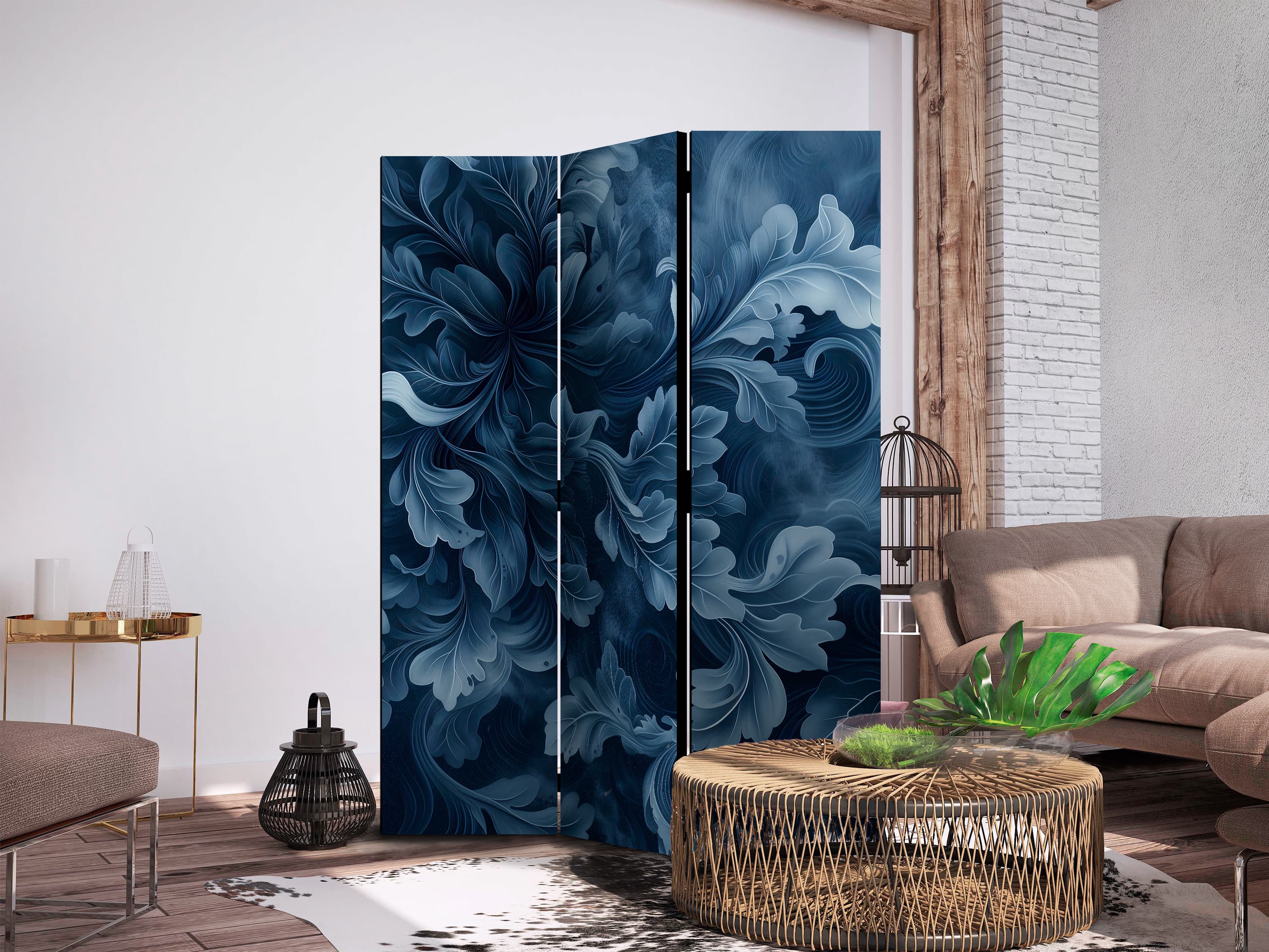 Room divider Ornamenty abstrakcyjne - ciemnoniebieskie wiktoriańskie liście 135×172 cm, one-sided