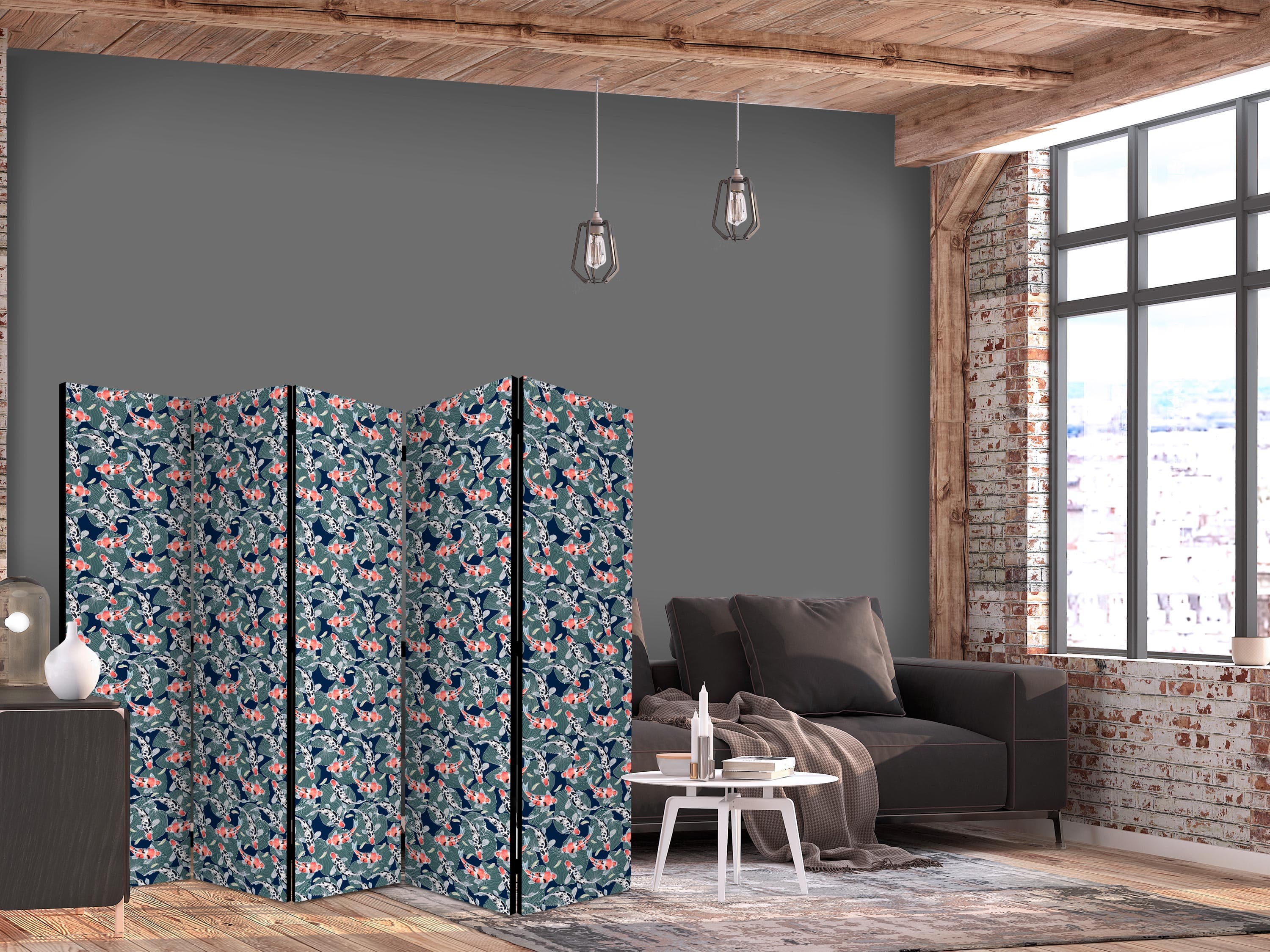 Room divider Rybki wśród liści - Barwne rybki Koi wśród ciemnozielonych lisci nenufarów na tafli granatowej wody 225×172 cm, one-sided