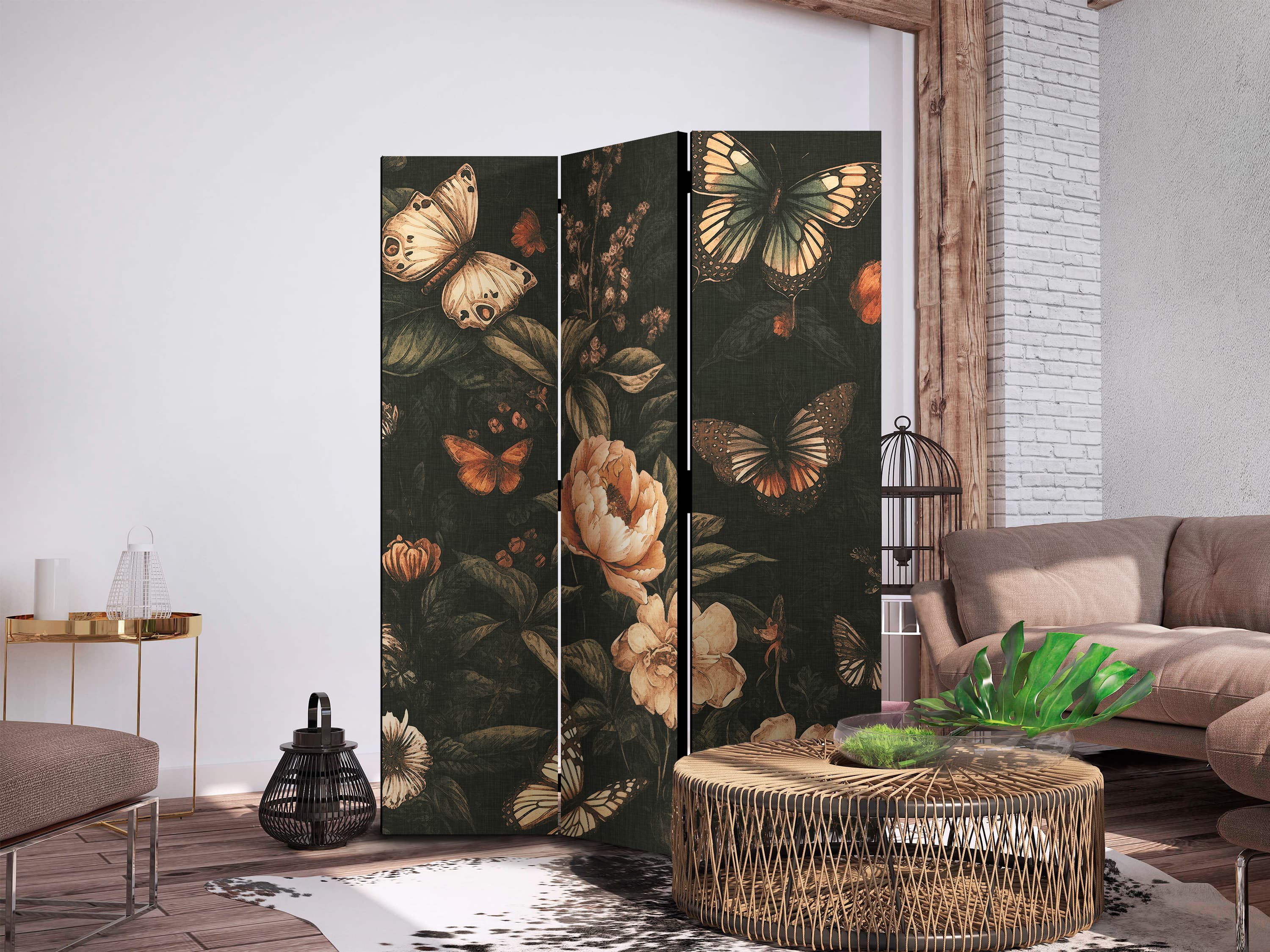 Paravent Tajemniczy ogród - motyle latające nad kwiatami - rustykalny wieczór 135×172 cm, akustisch