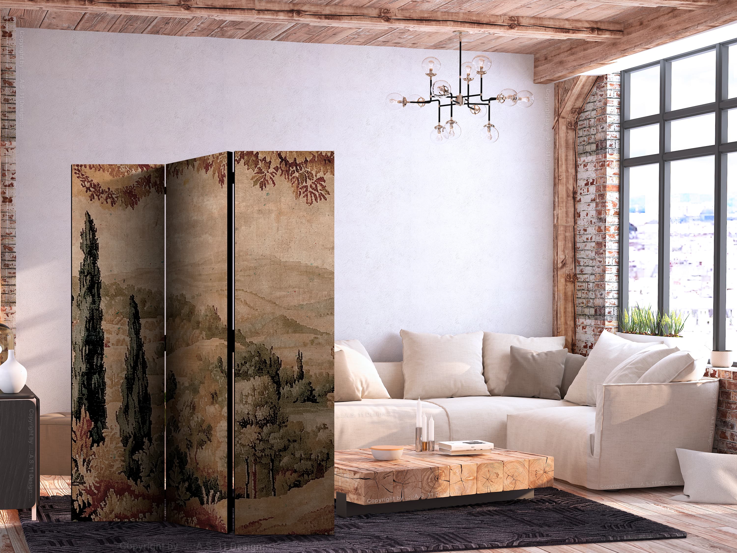 Parawan Krajobraz z cyprysami - stary gobelin ze śródziemnomorską roślinnością 135×172 cm, akustyczny