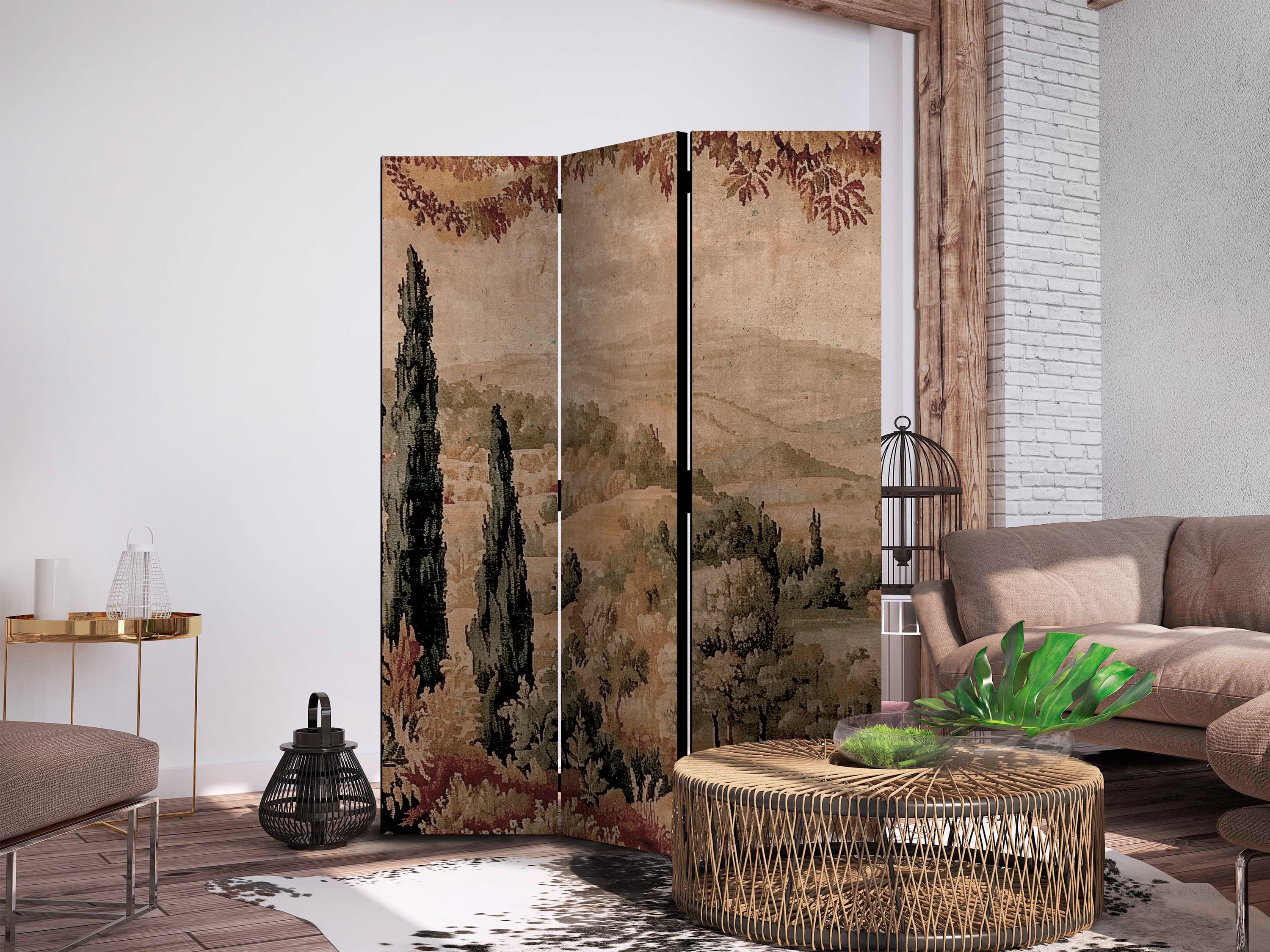 Parawan Krajobraz z cyprysami - stary gobelin ze śródziemnomorską roślinnością 135×172 cm, akustyczny