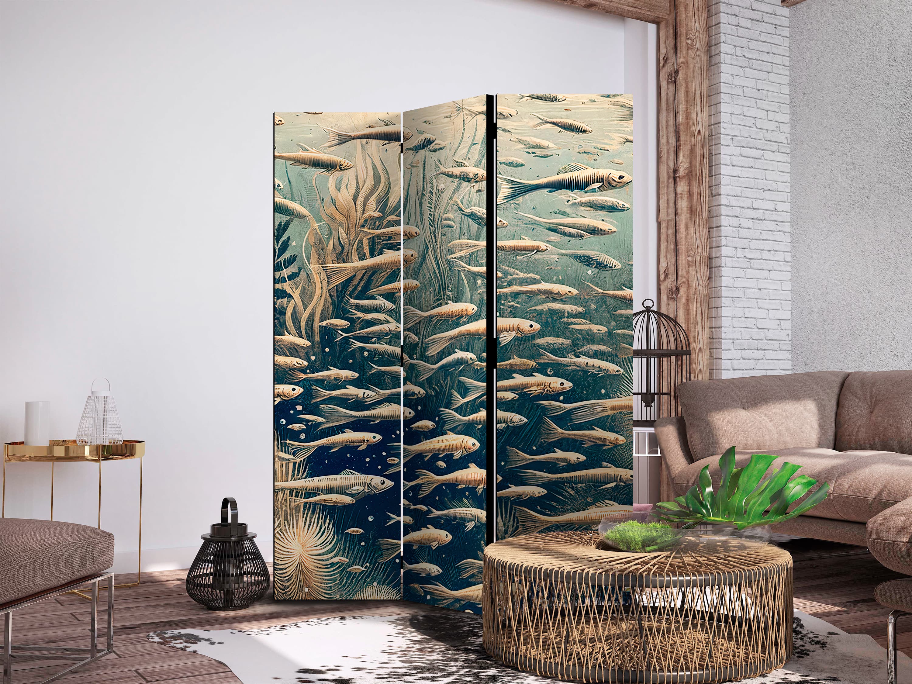 Parawan Życie w oceanie - Podwodny świat ryb i roślinności w kolorystyce beżowej i granatowej w stylu retro 135×172 cm, jednostronny