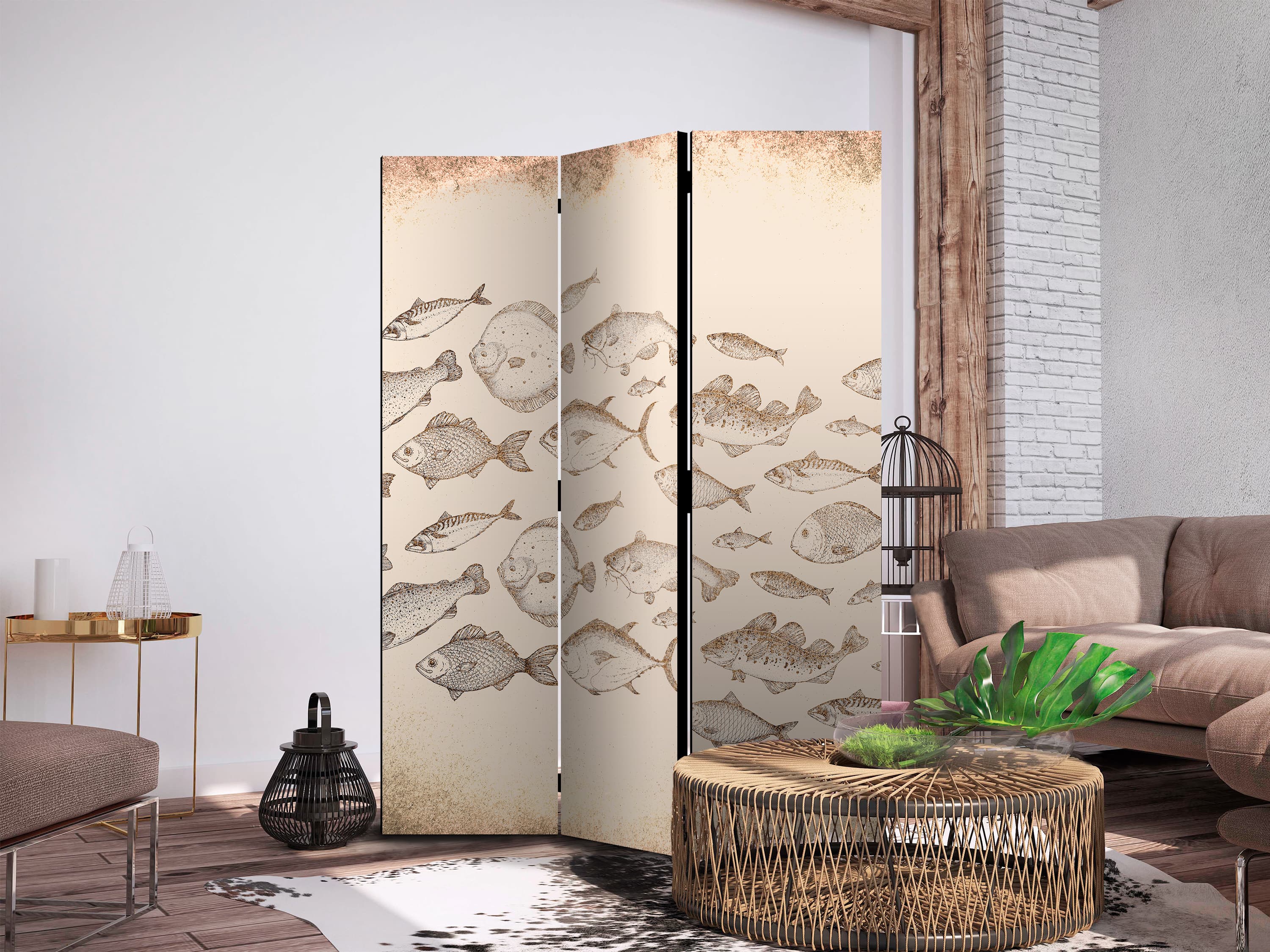 Parawan Szkic ławicy ryb - Szkice różnych gatunków ryb płynących w ławicy na beżowym tle w stylu vintage 135×172 cm, jednostronny