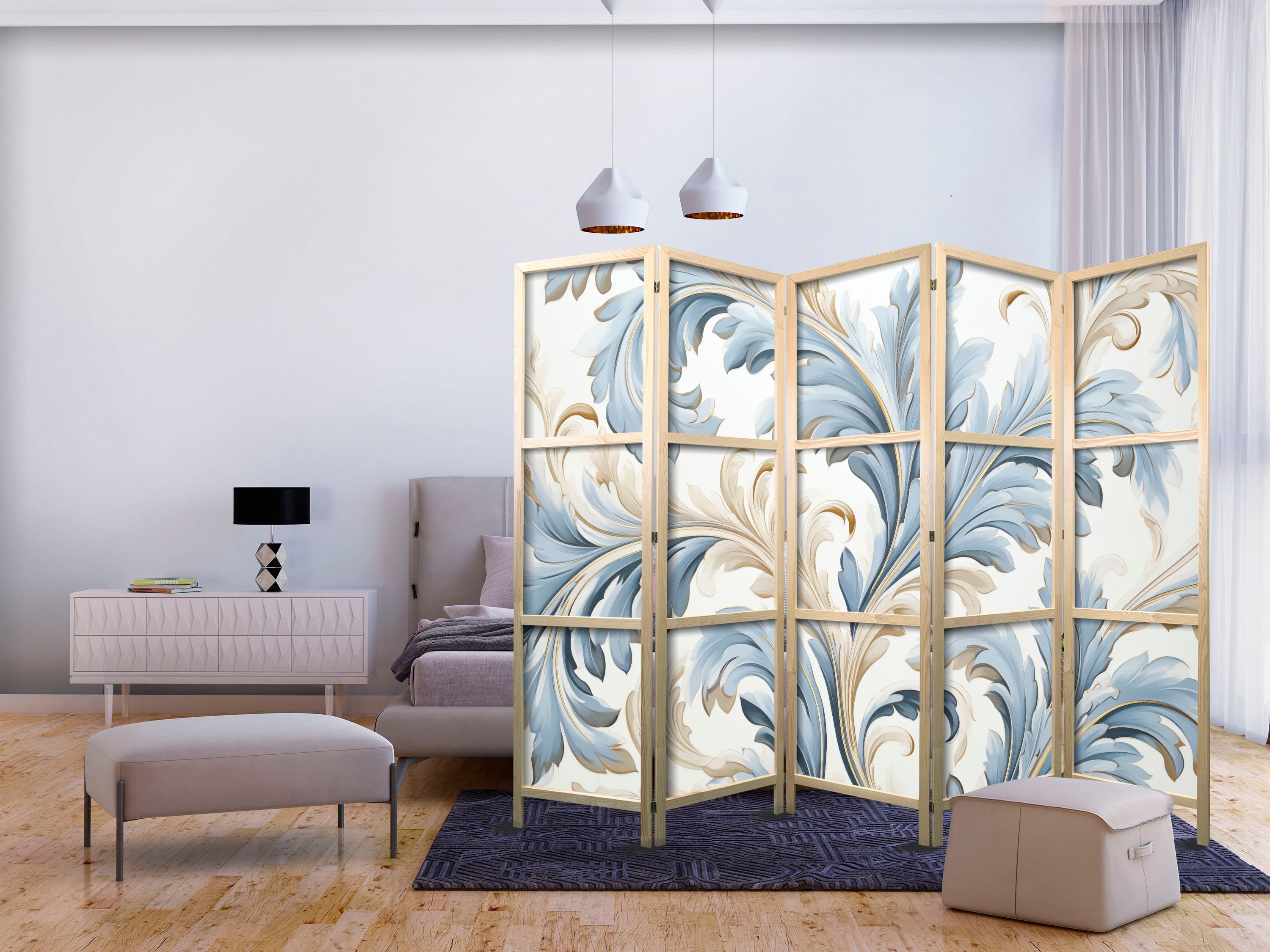 Японська ширма Barokowe ornamenty w jasnej - kremowo-niebieskiej kolorystyce 225×172 см, японська