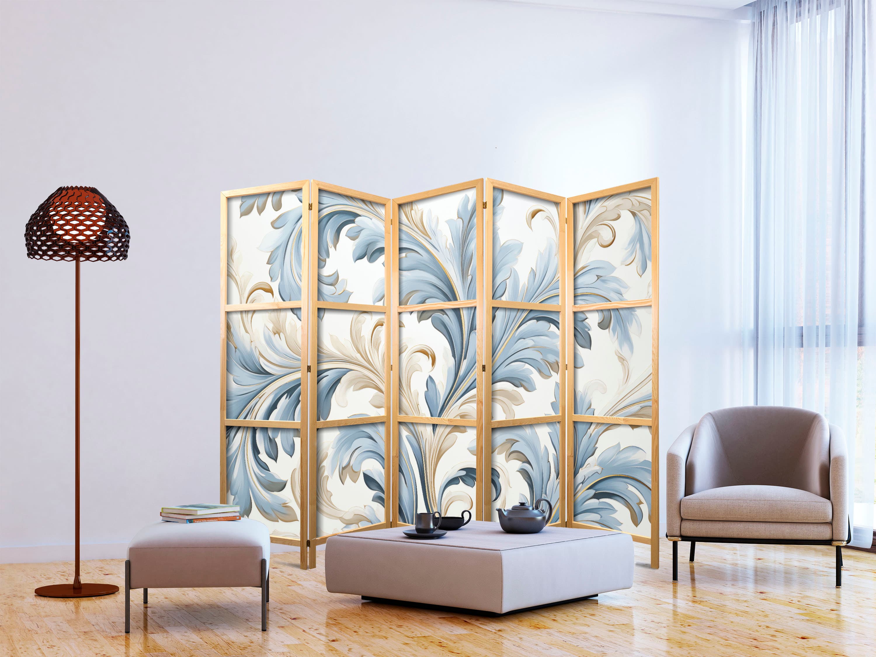 Японська ширма Barokowe ornamenty w jasnej - kremowo-niebieskiej kolorystyce 225×172 см, японська