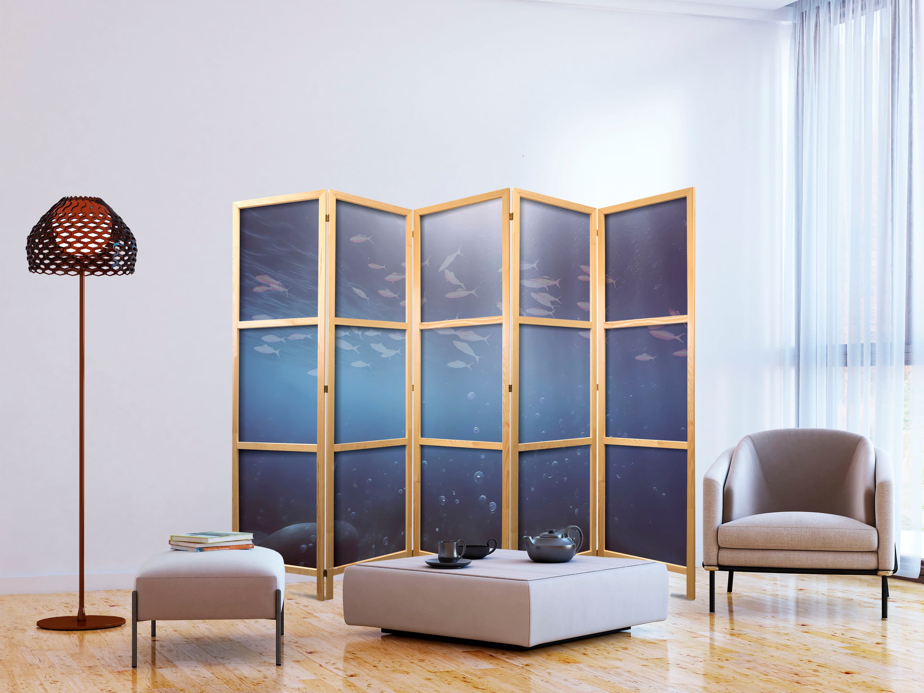 Japanischer Paravent Ławica małych rybek - Rozświetlona oceaniczna toń w barwach granatu. fioletu i szarości z ławicą drobnych rybek 225×172 cm, japanisch