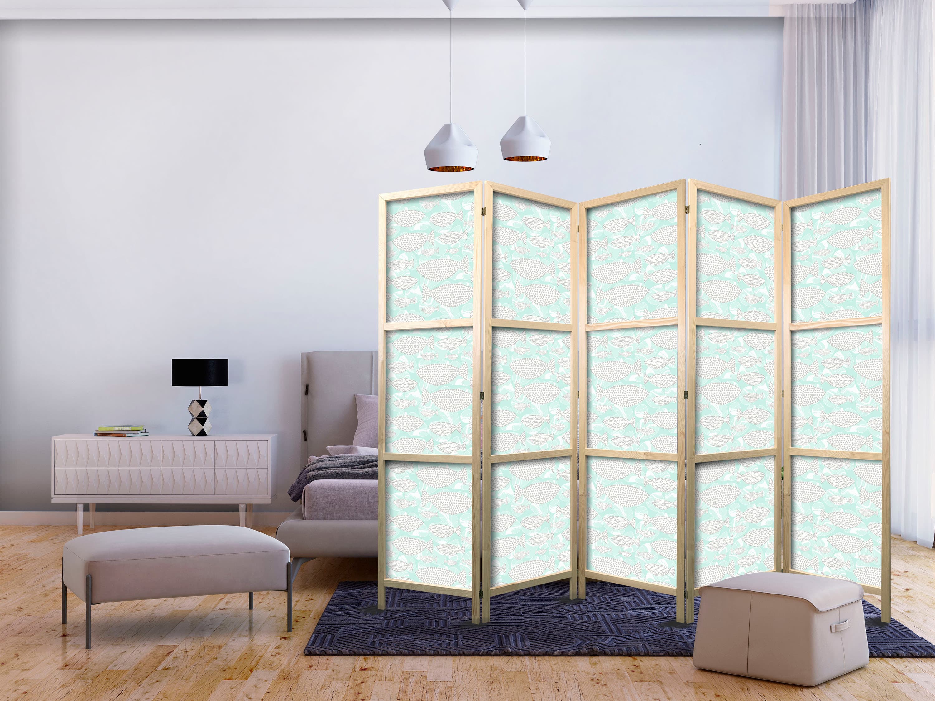 Parawan japoński Minimalistyczne ryby - Rybki z szarych kropek na tle krystalicznej tafli wody w kolorystyce miętowej zieleni 225×172 cm, japoński