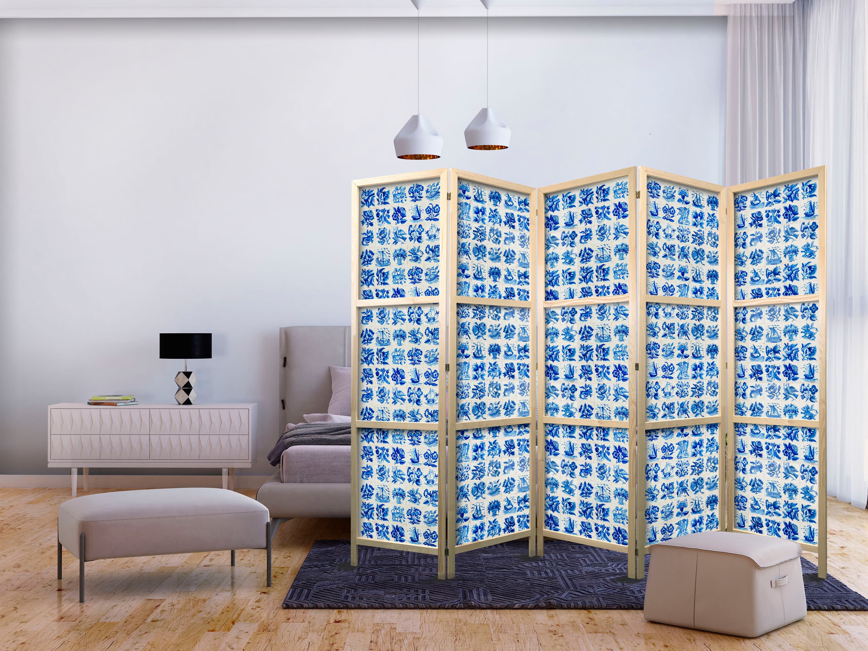 Parawan japoński Ceramiczne kafelki - tradycyjne portugalskie niebieskie płytki azulejos 225×172 cm, japoński