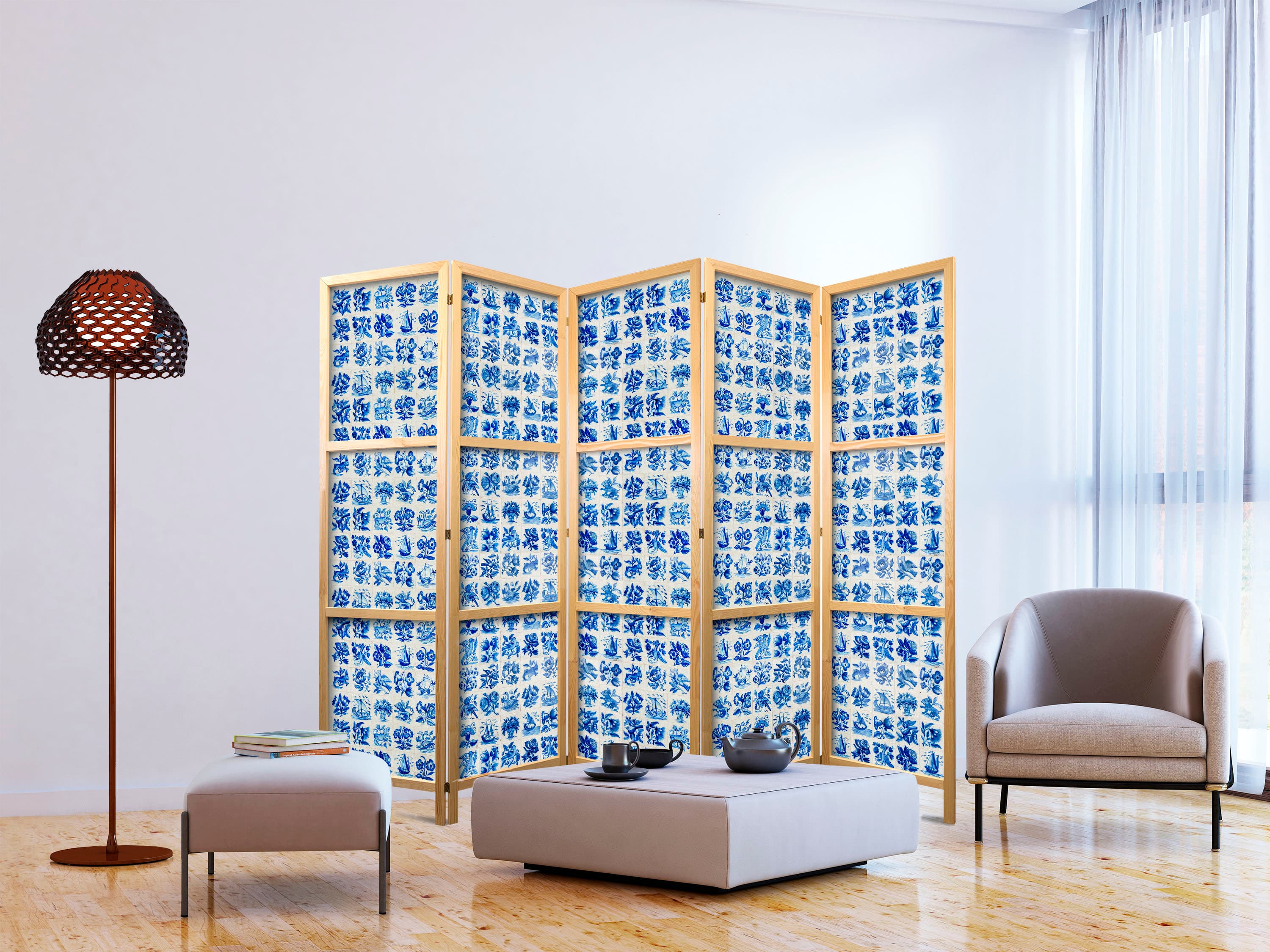 Parawan japoński Ceramiczne kafelki - tradycyjne portugalskie niebieskie płytki azulejos 225×172 cm, japoński