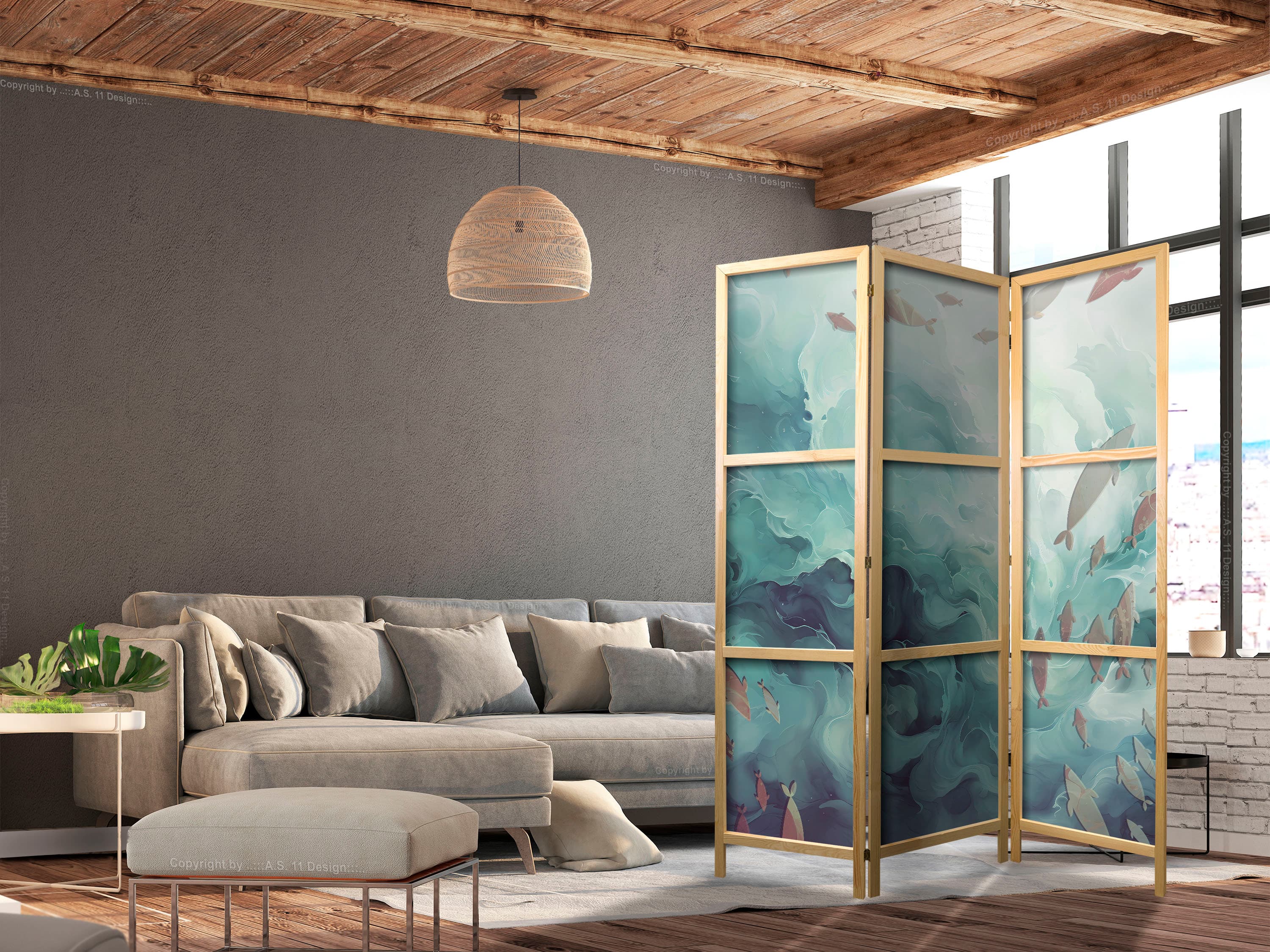 Japanese room divider Trzy ławice ryb - Ryby w stonowanej kolorystyce pływające w grupach w oceanicznych głębinach 135×172 cm, Japanese