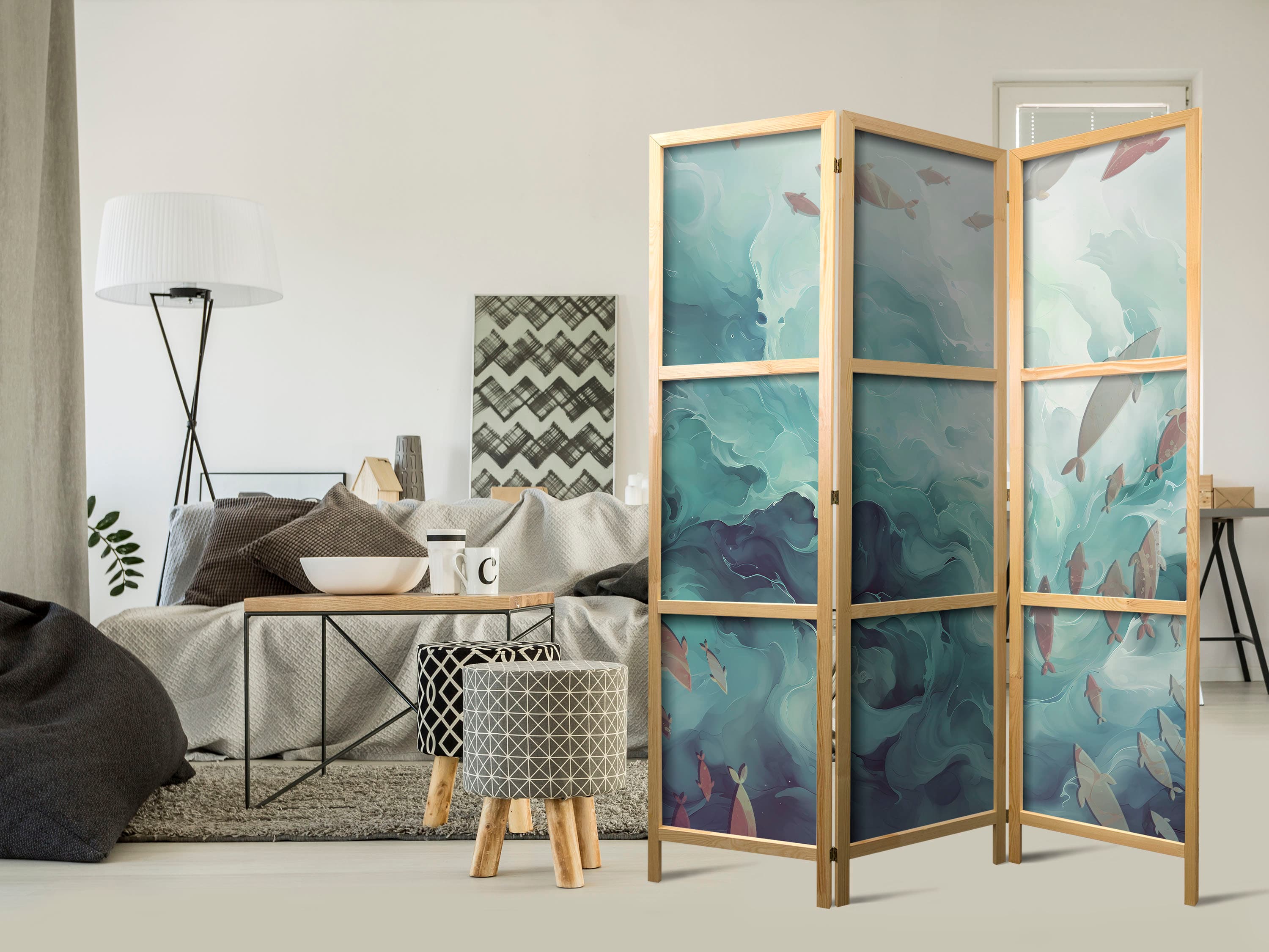 Japanese room divider Uciekające ryby - Bardzo szybko płynące rybki w stonowanej kolorystyce pośród morskich toni 135×172 cm, Japanese