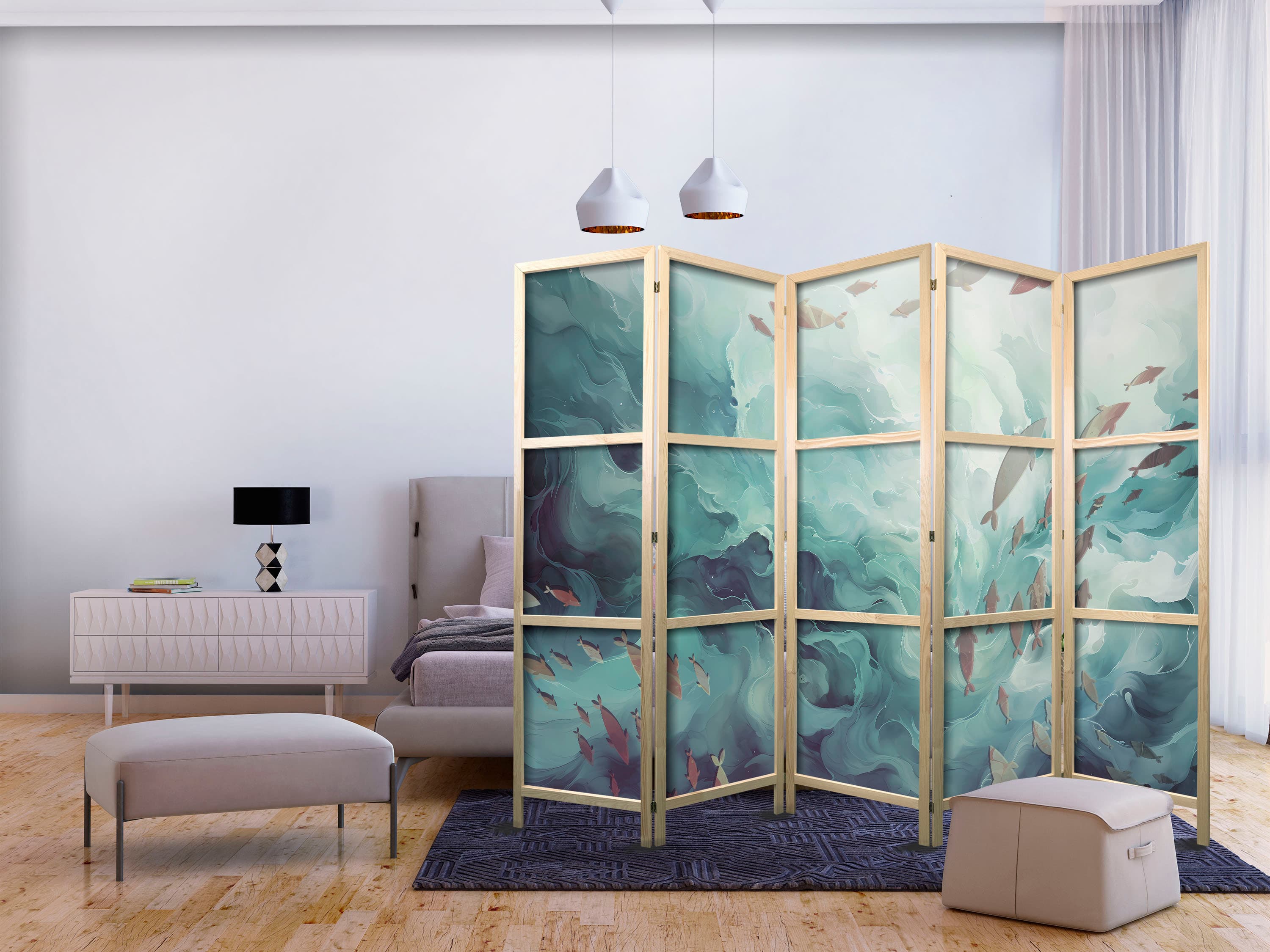 Japanese room divider Uciekające ryby - Bardzo szybko płynące rybki w stonowanej kolorystyce pośród morskich toni 225×172 cm, Japanese