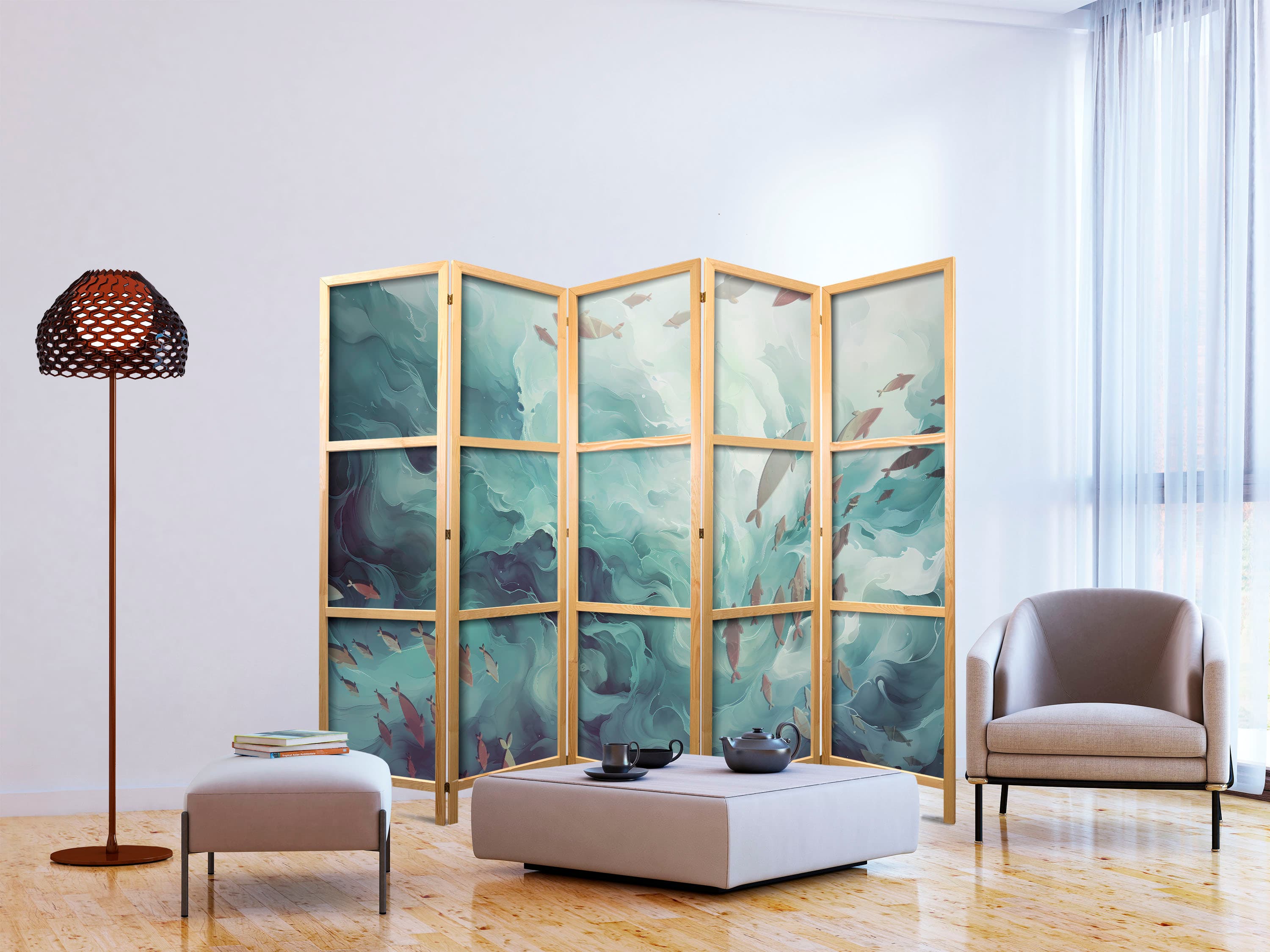 Japanese room divider Uciekające ryby - Bardzo szybko płynące rybki w stonowanej kolorystyce pośród morskich toni 225×172 cm, Japanese
