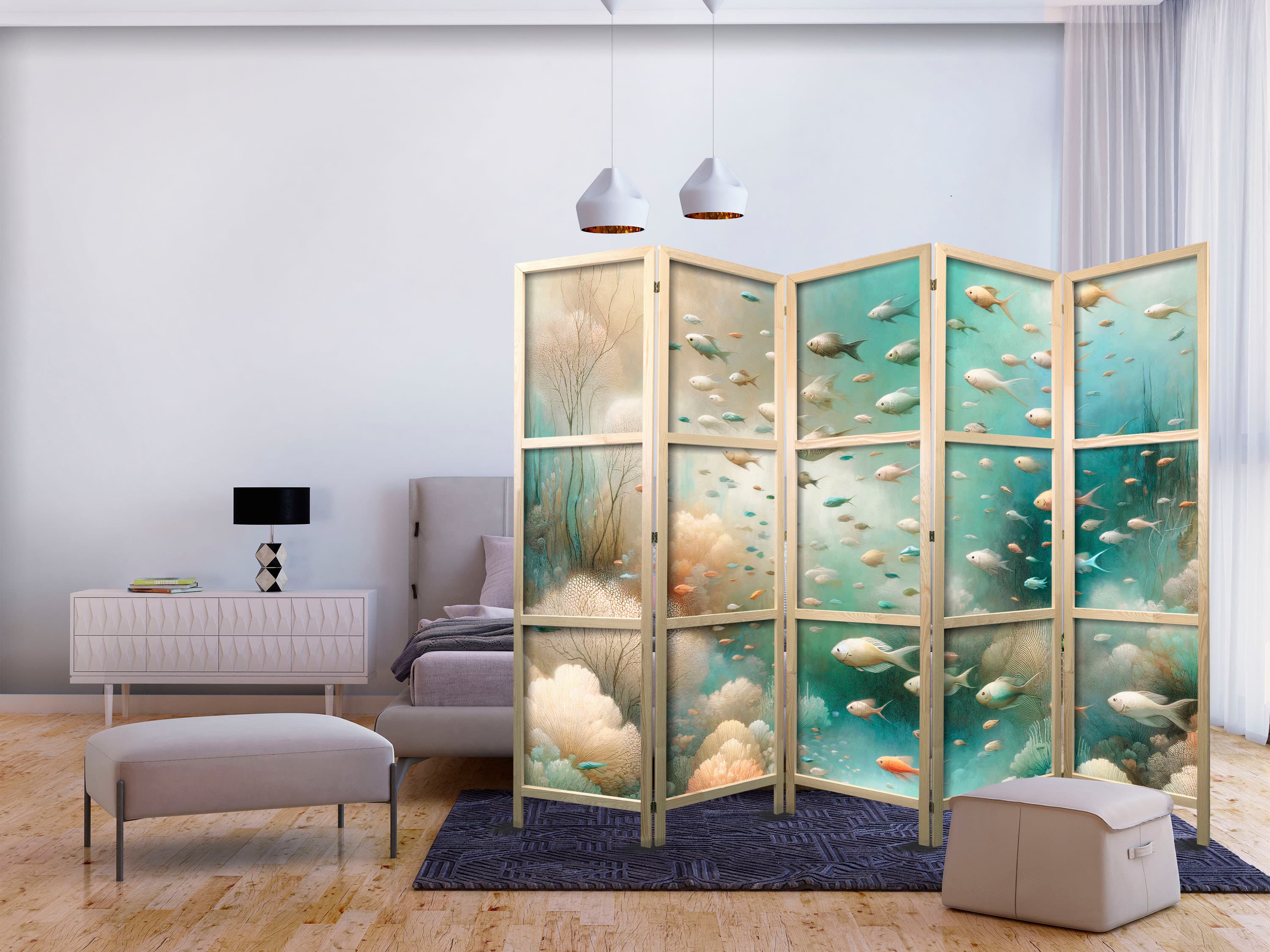 Japanese room divider Zjawiskowy podwodny krajobraz - Ryby w podwodnym świecie w kolorach turkusu błękitu beżu i delikatnego pomarańczowego 225×172 cm, Japanese