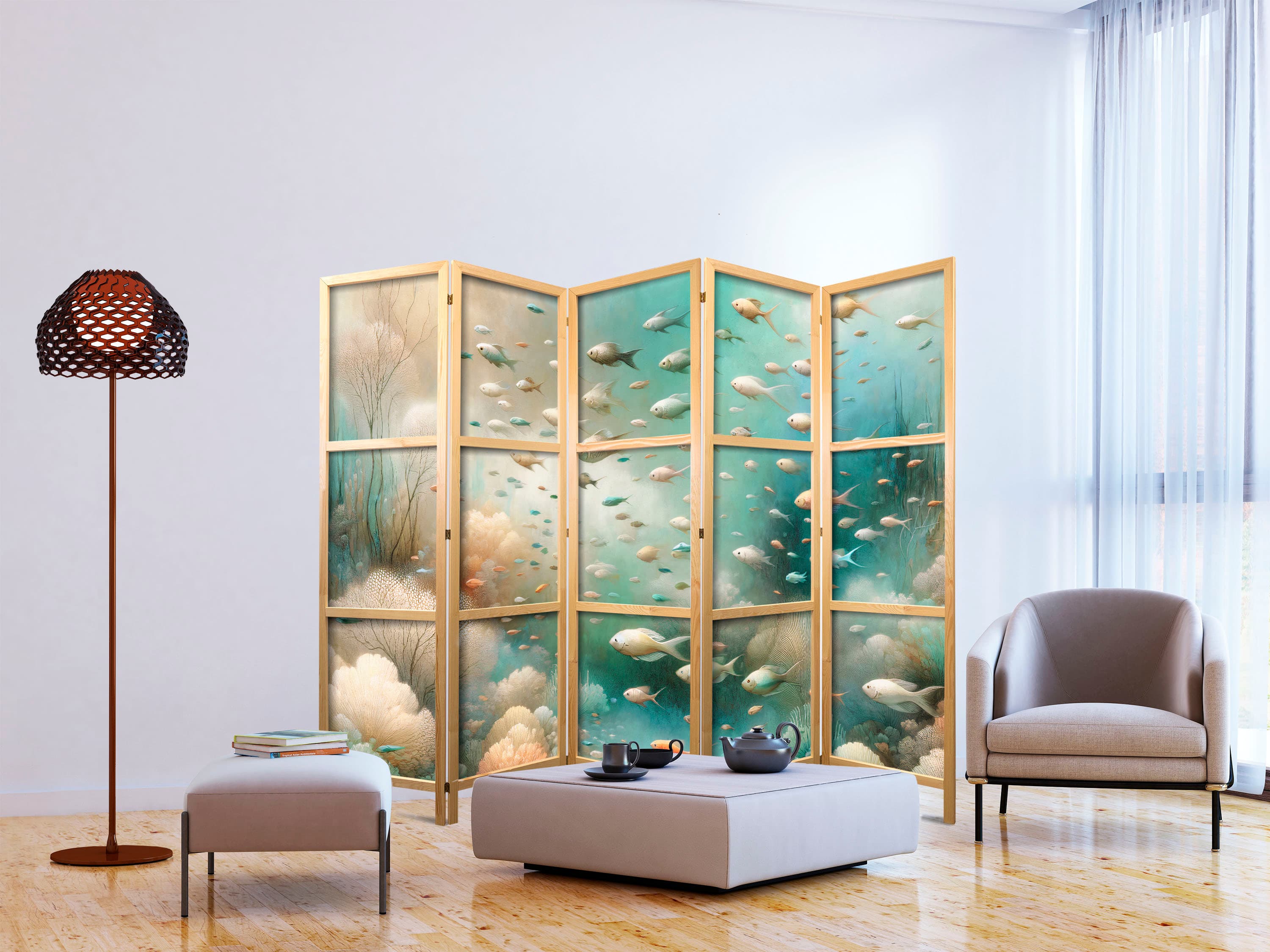 Japanese room divider Zjawiskowy podwodny krajobraz - Ryby w podwodnym świecie w kolorach turkusu błękitu beżu i delikatnego pomarańczowego 225×172 cm, Japanese