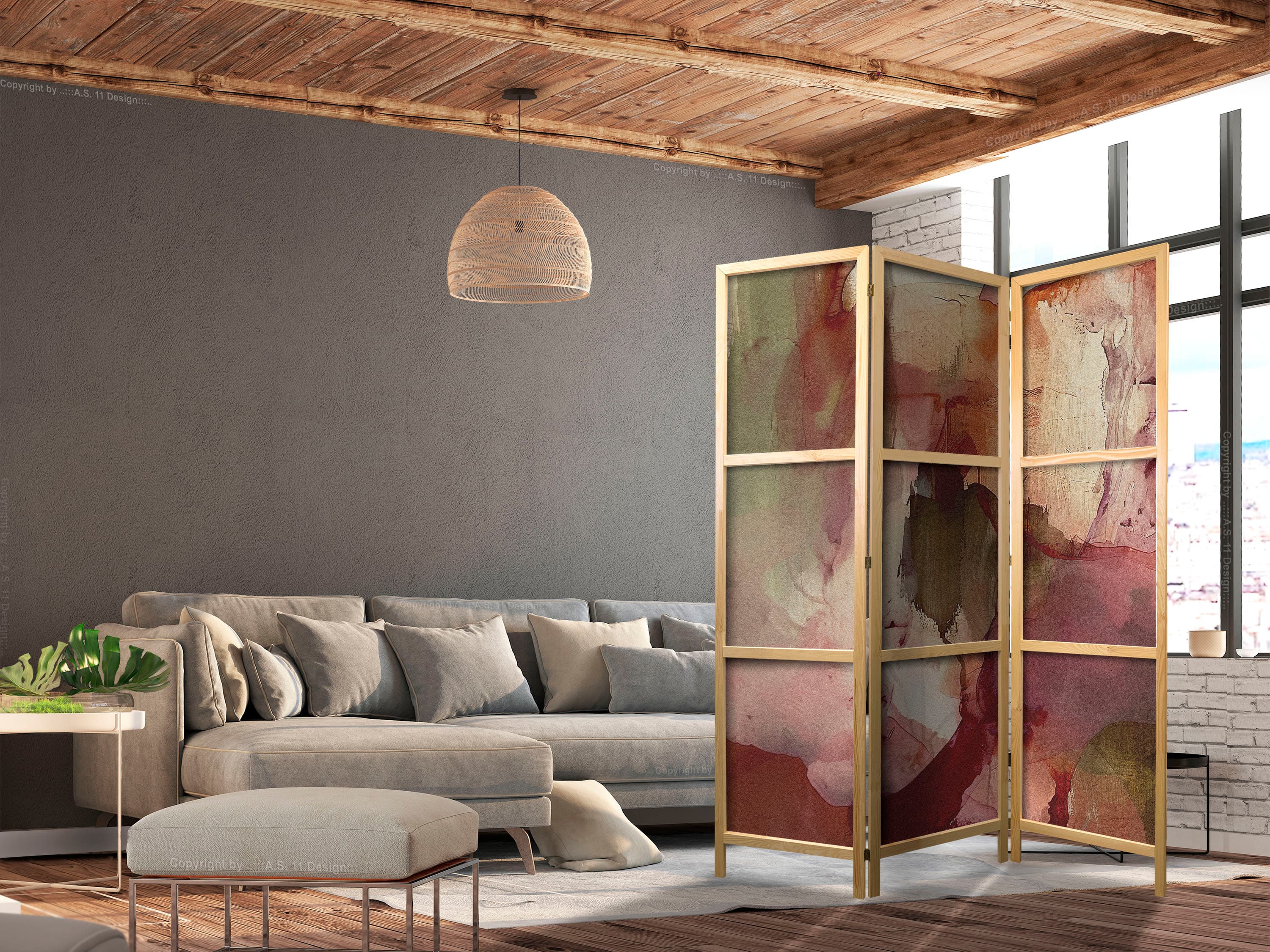 Japanese room divider Różana abstrakcja - rozlana farba akwarelowa w wiosennych kolorach 135×172 cm, Japanese