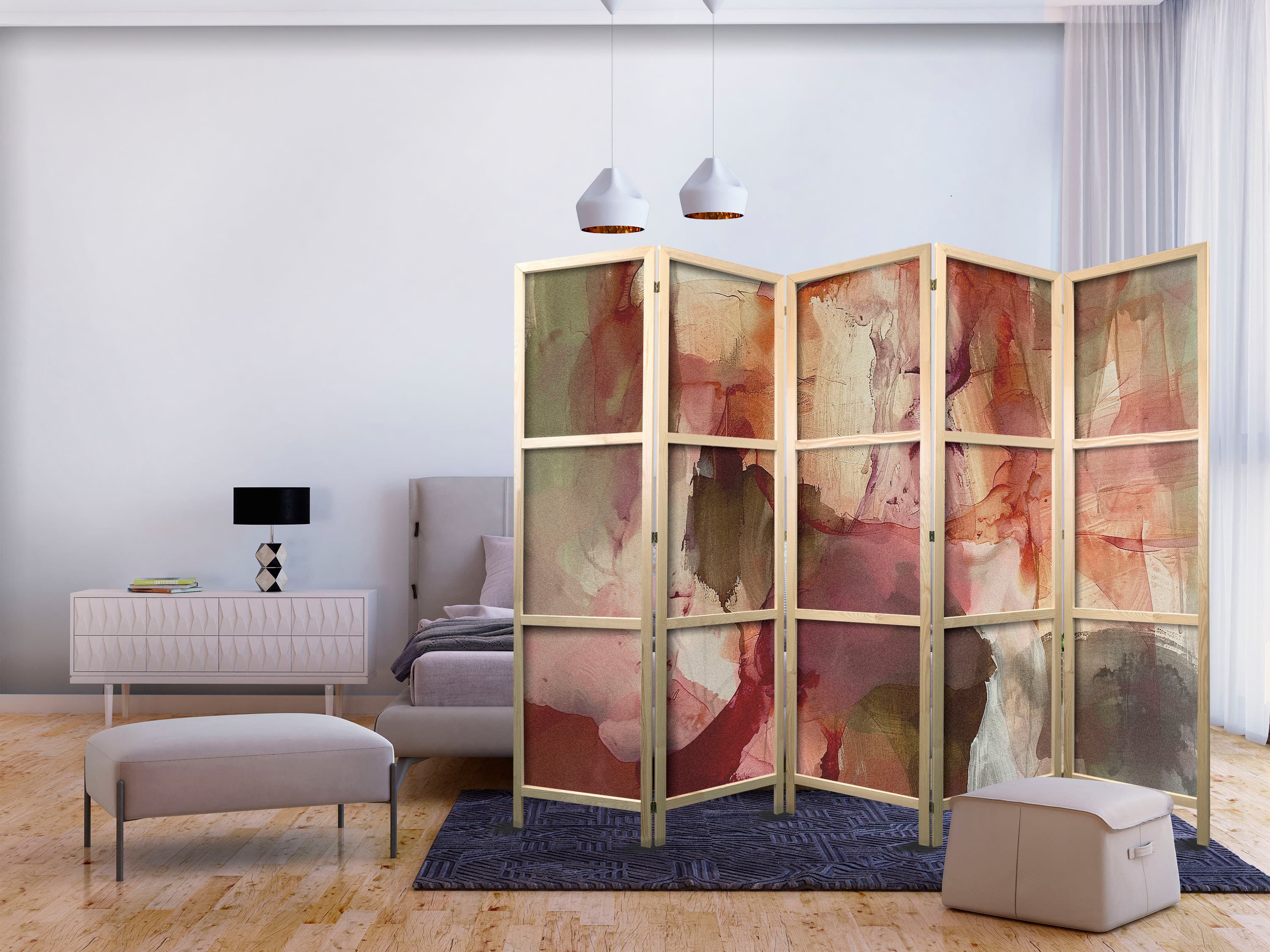 Japanese room divider Różana abstrakcja - rozlana farba akwarelowa w wiosennych kolorach 225×172 cm, Japanese