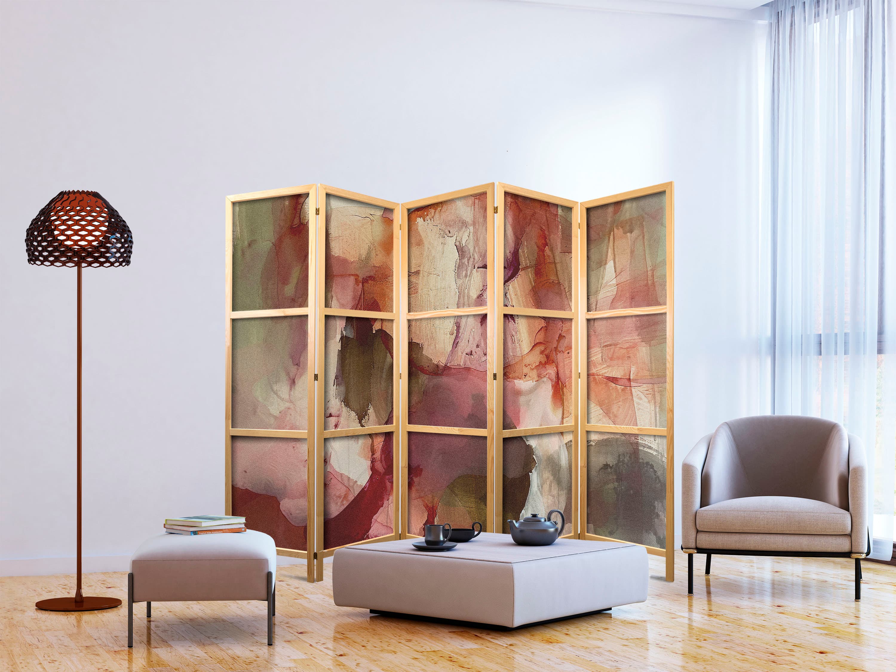 Japanese room divider Różana abstrakcja - rozlana farba akwarelowa w wiosennych kolorach 225×172 cm, Japanese