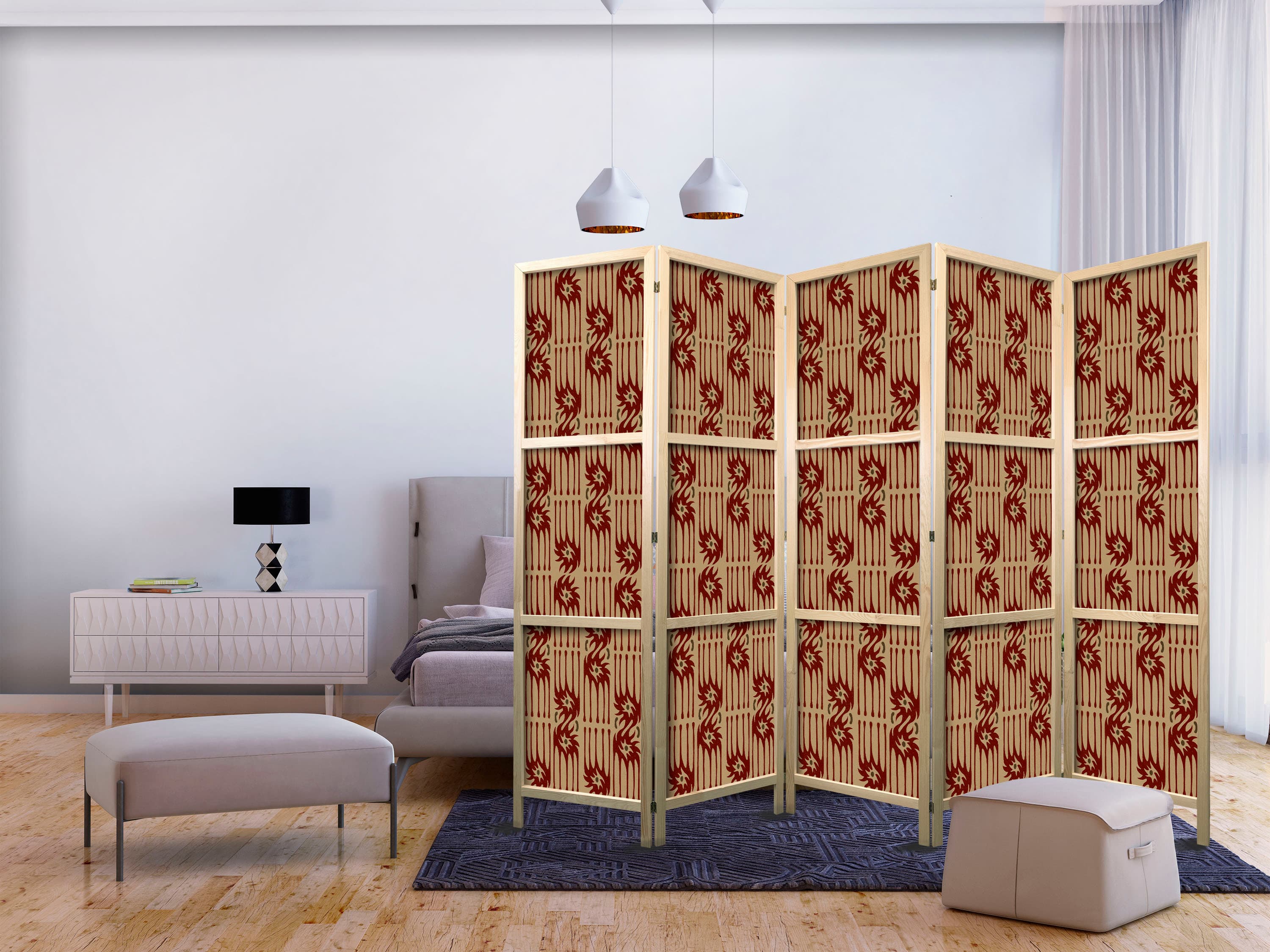 Japanese room divider Drapieżne rysy - czerwone abstrakcyjne kształty inspirowane tribalem 225×172 cm, Japanese