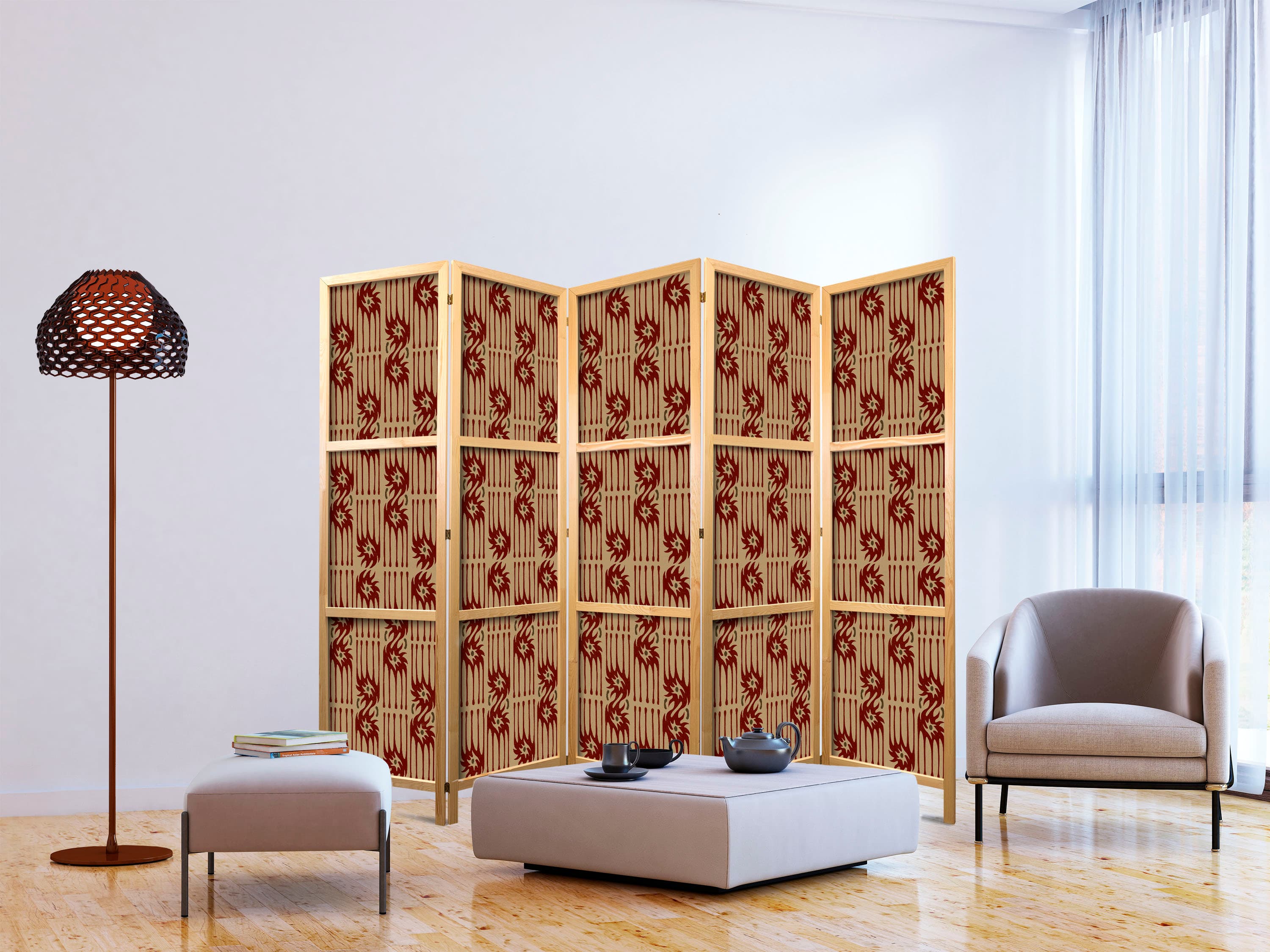 Japanese room divider Drapieżne rysy - czerwone abstrakcyjne kształty inspirowane tribalem 225×172 cm, Japanese