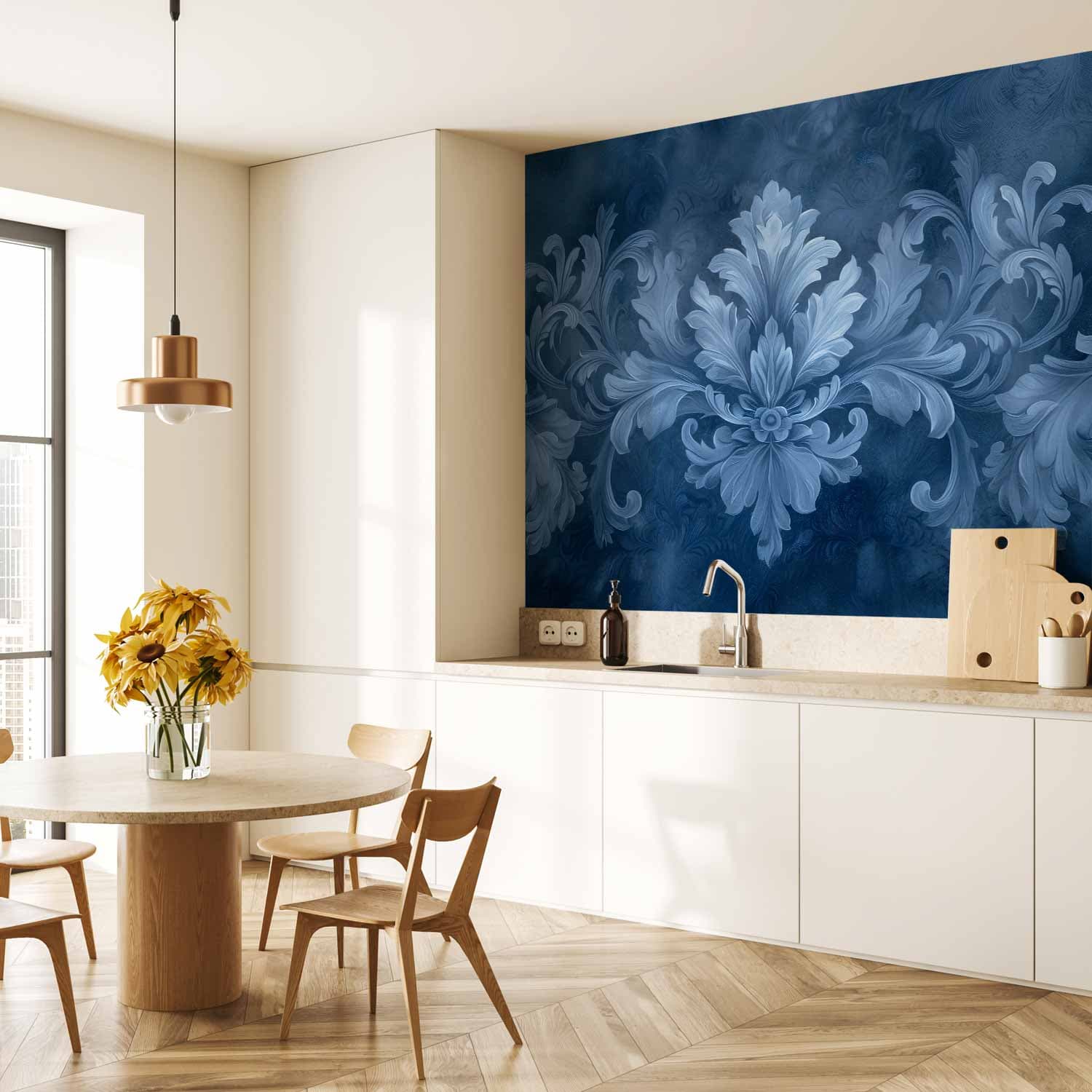 Fototapeta Ornament w błękitnych i chłodnych kolorach ciemnoniebieska dekoracja 300×210 cm, materiał wodoodporny