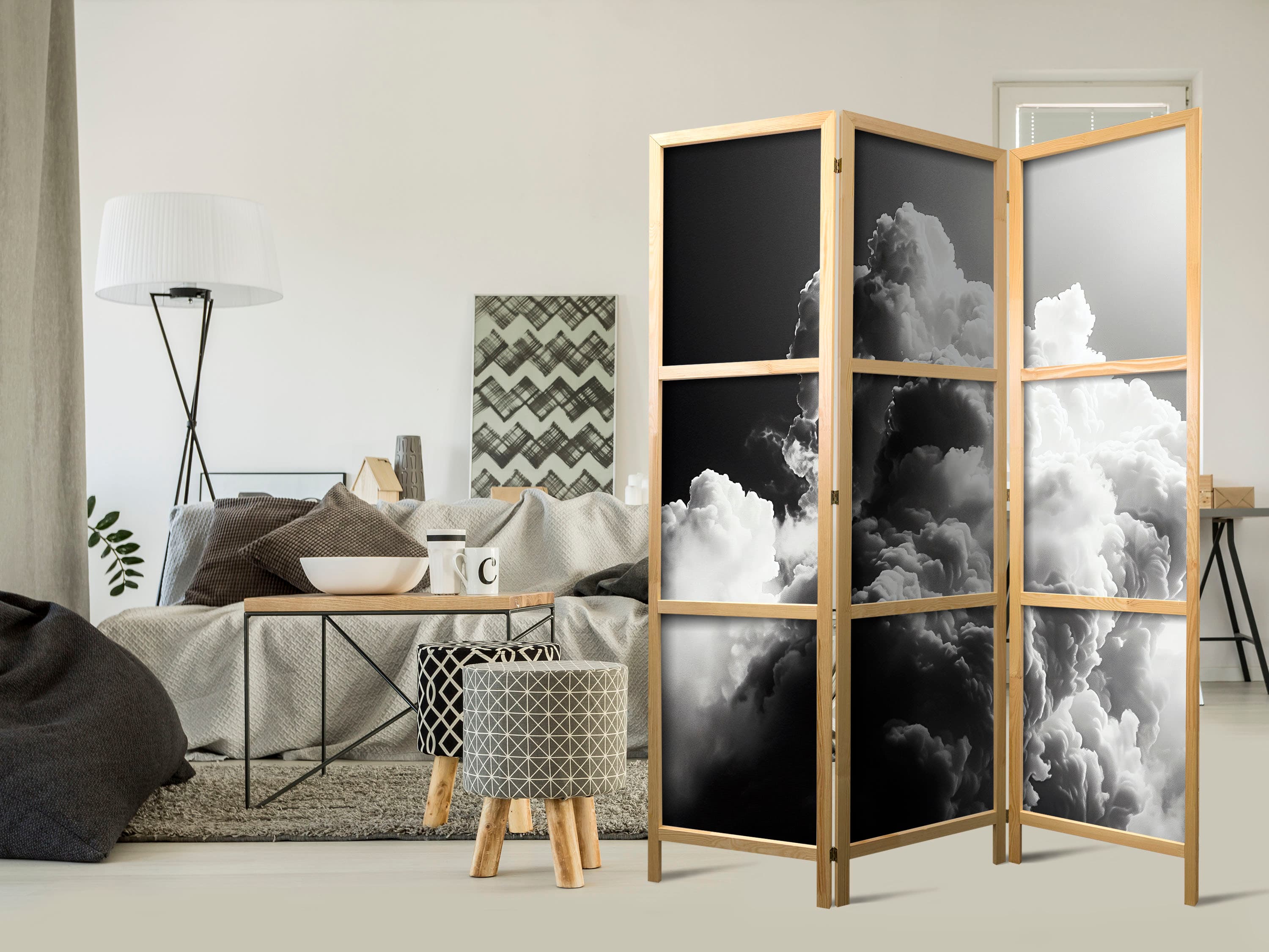 Japanese room divider Chmury jak z marzeń: Pozwól słońcu rozświetlić twój dzień – Wizualna Uczta 135×172 cm, Japanese