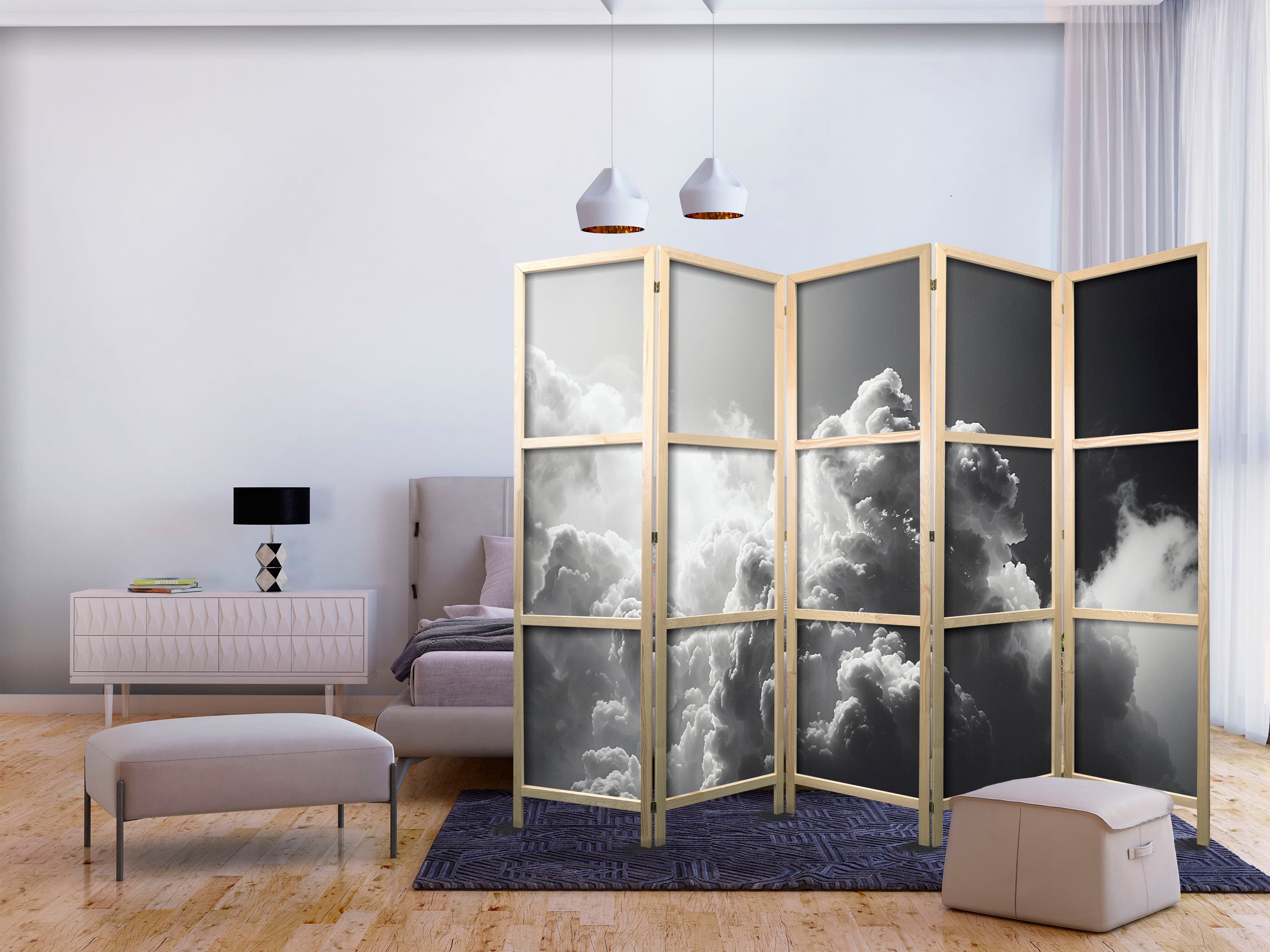 Japanese room divider Nadzwyczajne zjawisko: Słońce rozświetlające ciemne chmury 225×172 cm, Japanese