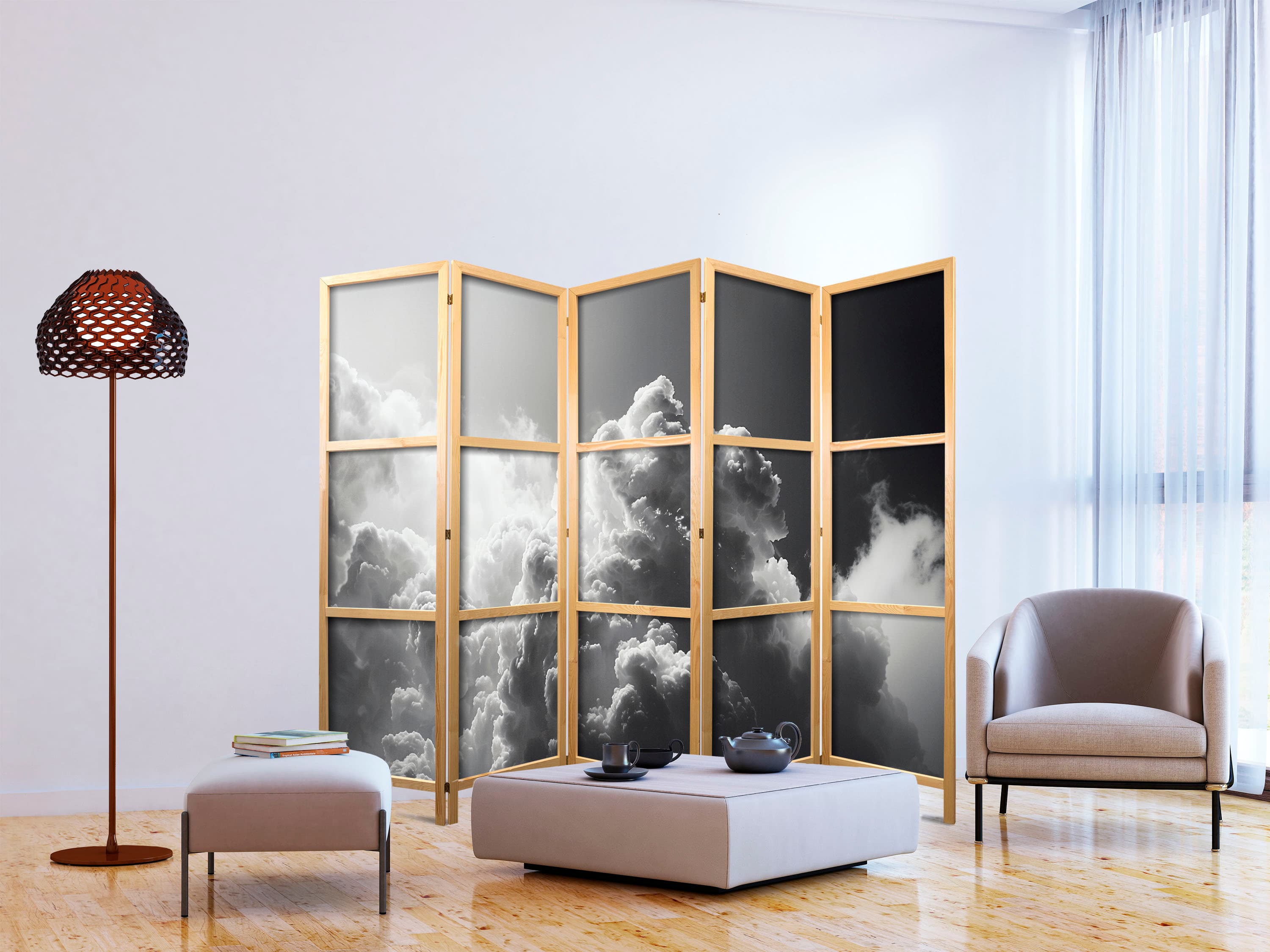 Japanese room divider Nadzwyczajne zjawisko: Słońce rozświetlające ciemne chmury 225×172 cm, Japanese