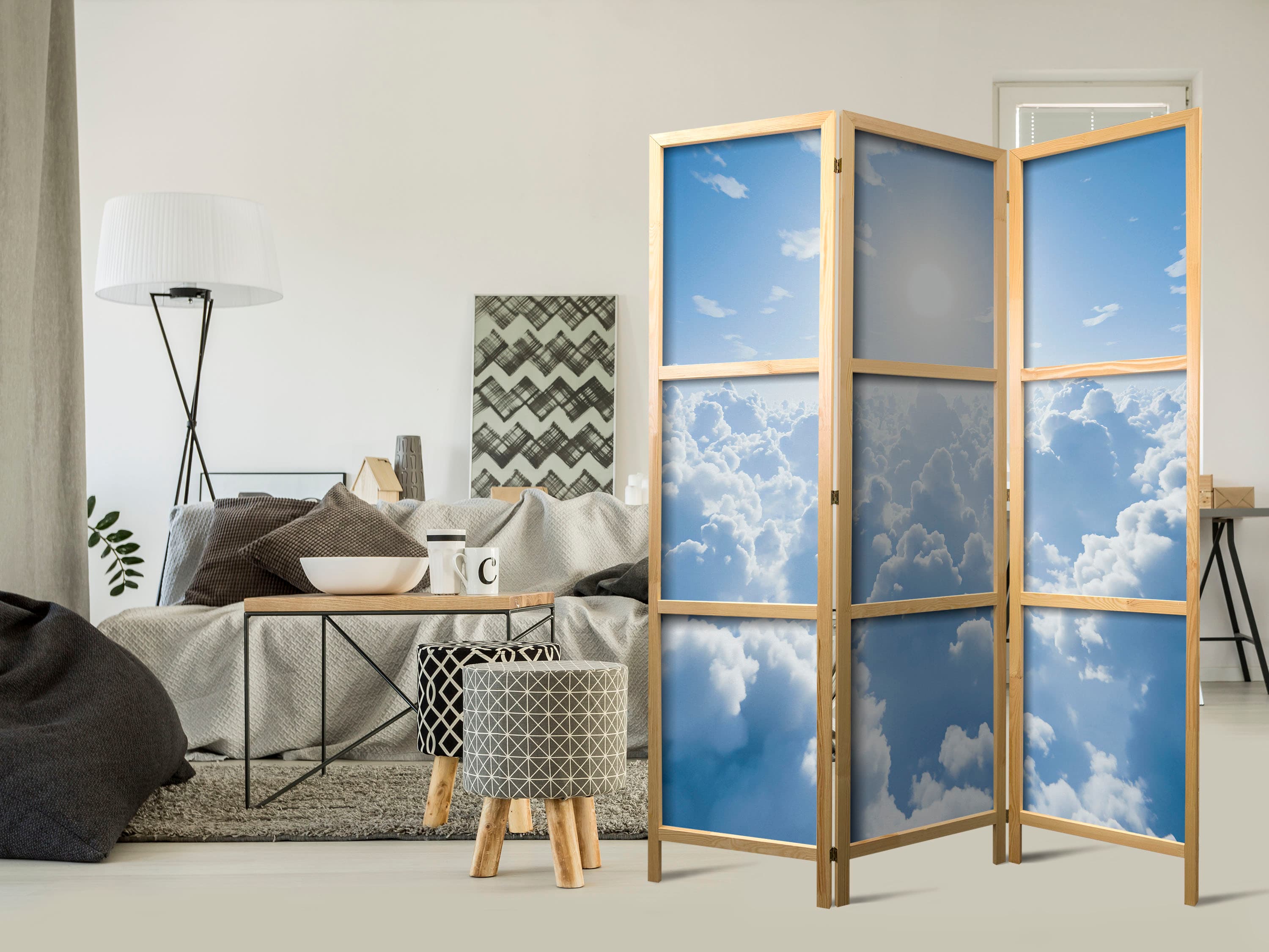 Japanese room divider Niebiański spokój: Ciepłe promienie słońca 135×172 cm, Japanese