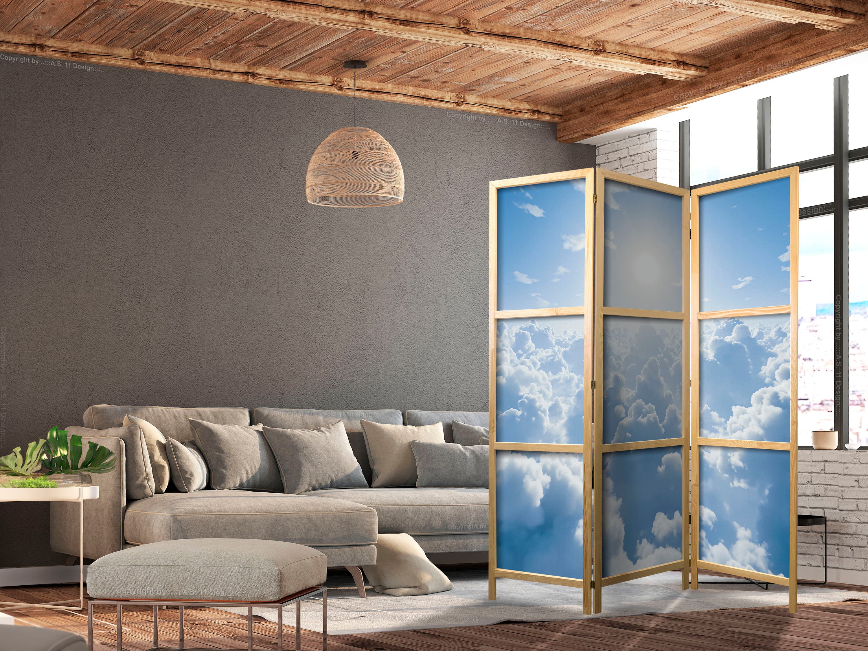 Japanese room divider Niebiański spokój: Ciepłe promienie słońca 135×172 cm, Japanese