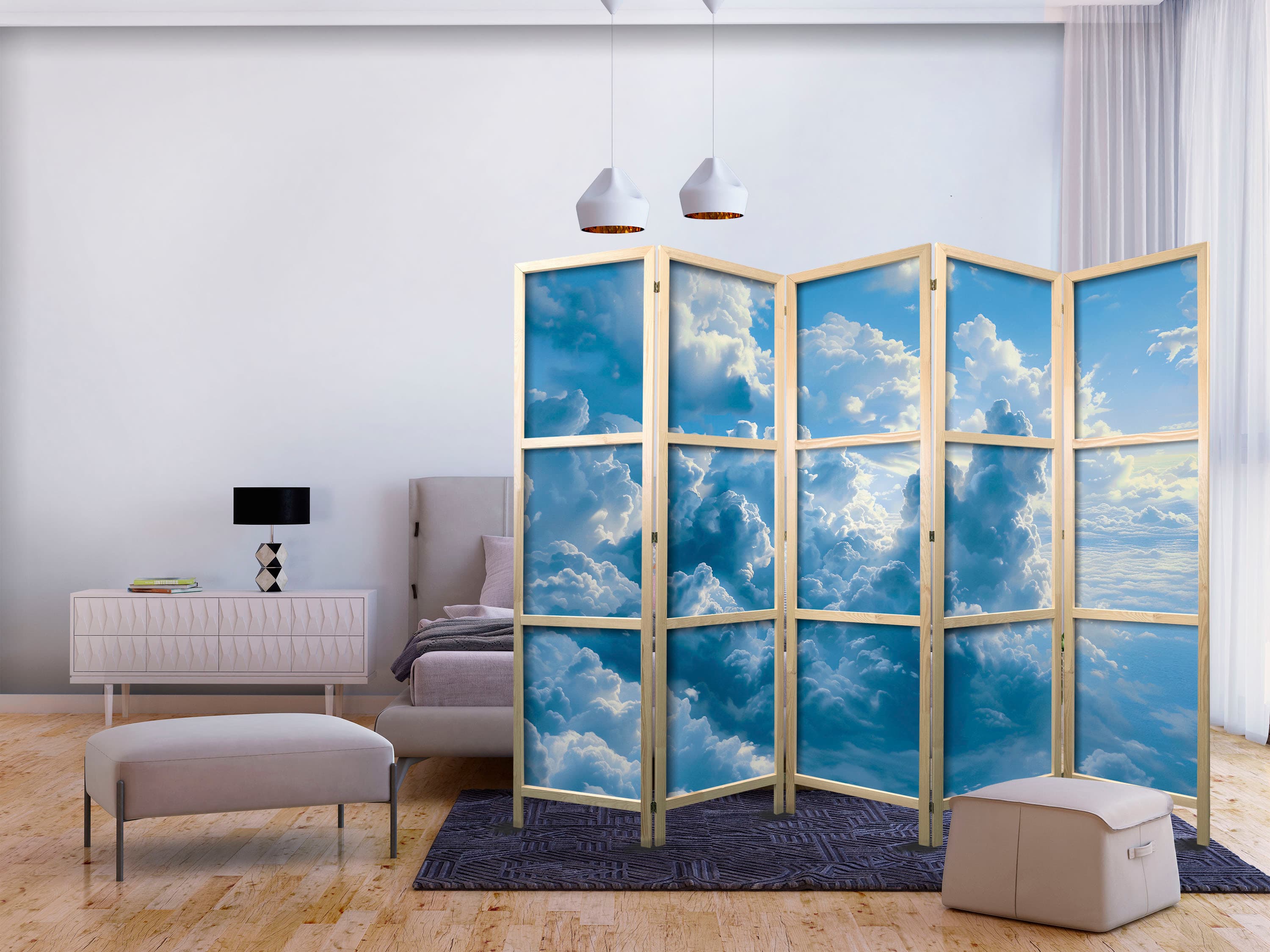 Japanese room divider Ocean w powietrzu: Falujące chmury odbijające światło poranka 225×172 cm, Japanese