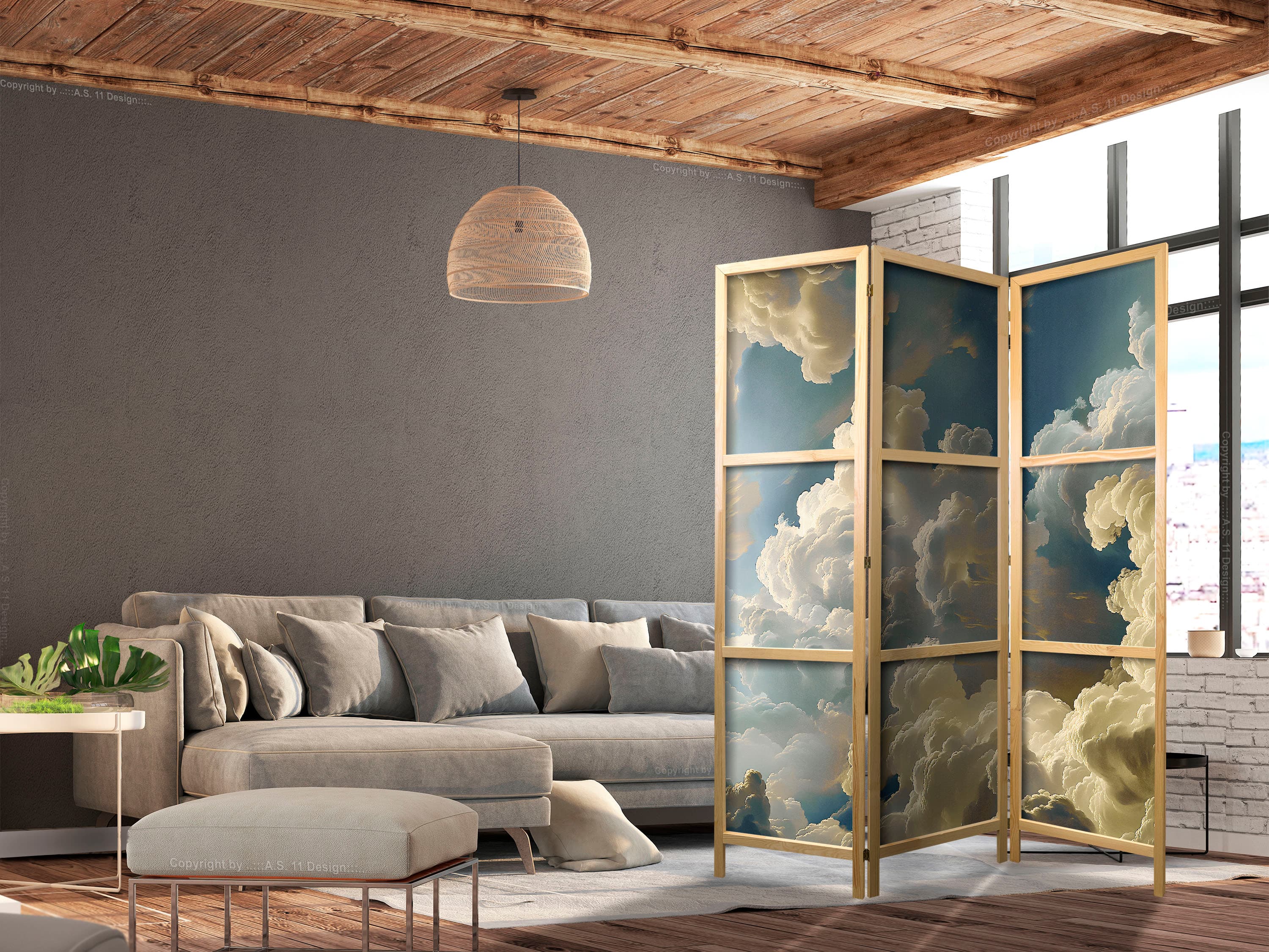 Japanese room divider Słońce i cienie: Teatralny pokaz przyrody wysoko nad ziemią 135×172 cm, Japanese