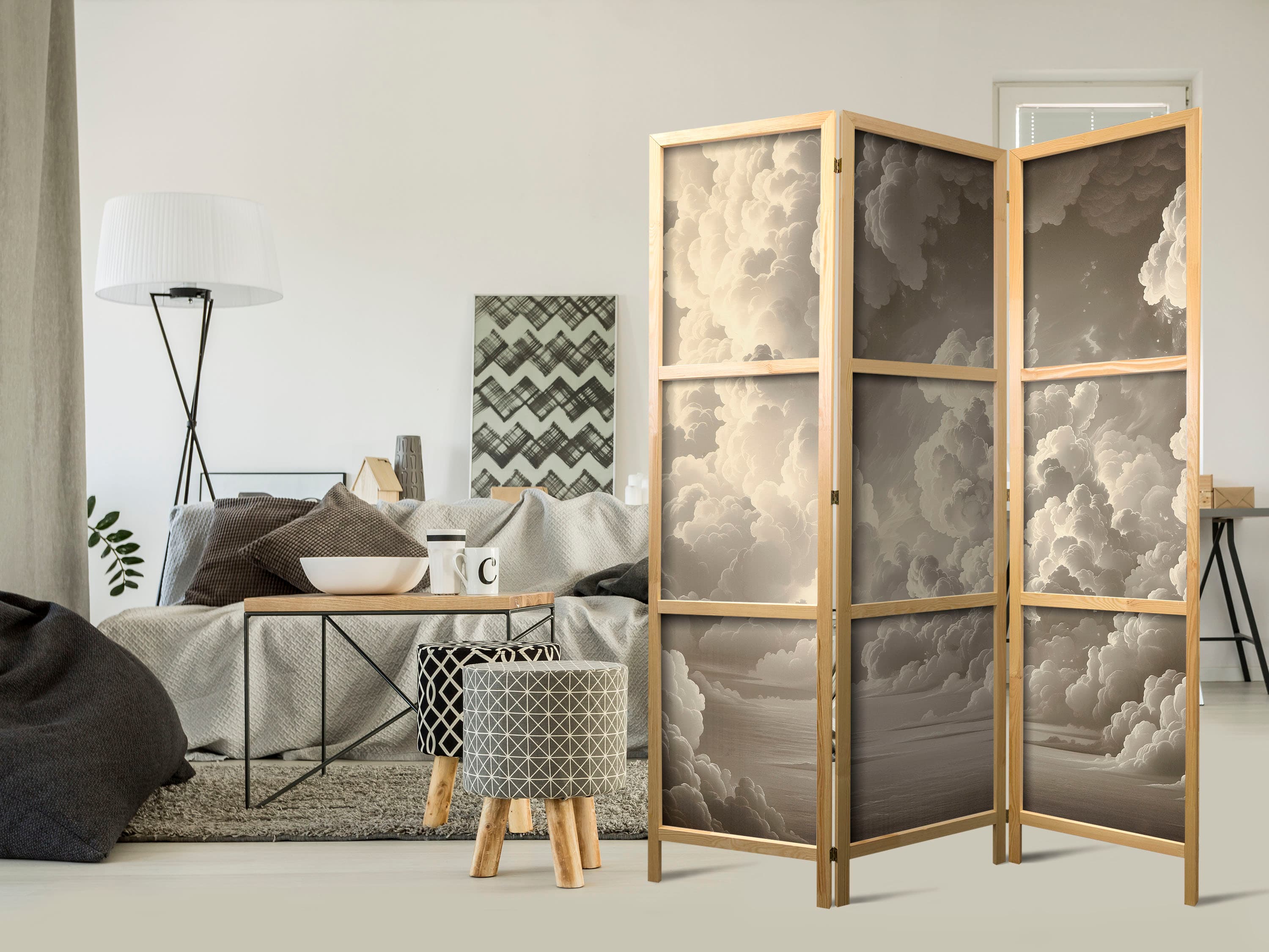 Japanese room divider Szept rozświetlonych chmur: Miękka gra światła w teatrze niebios 135×172 cm, Japanese