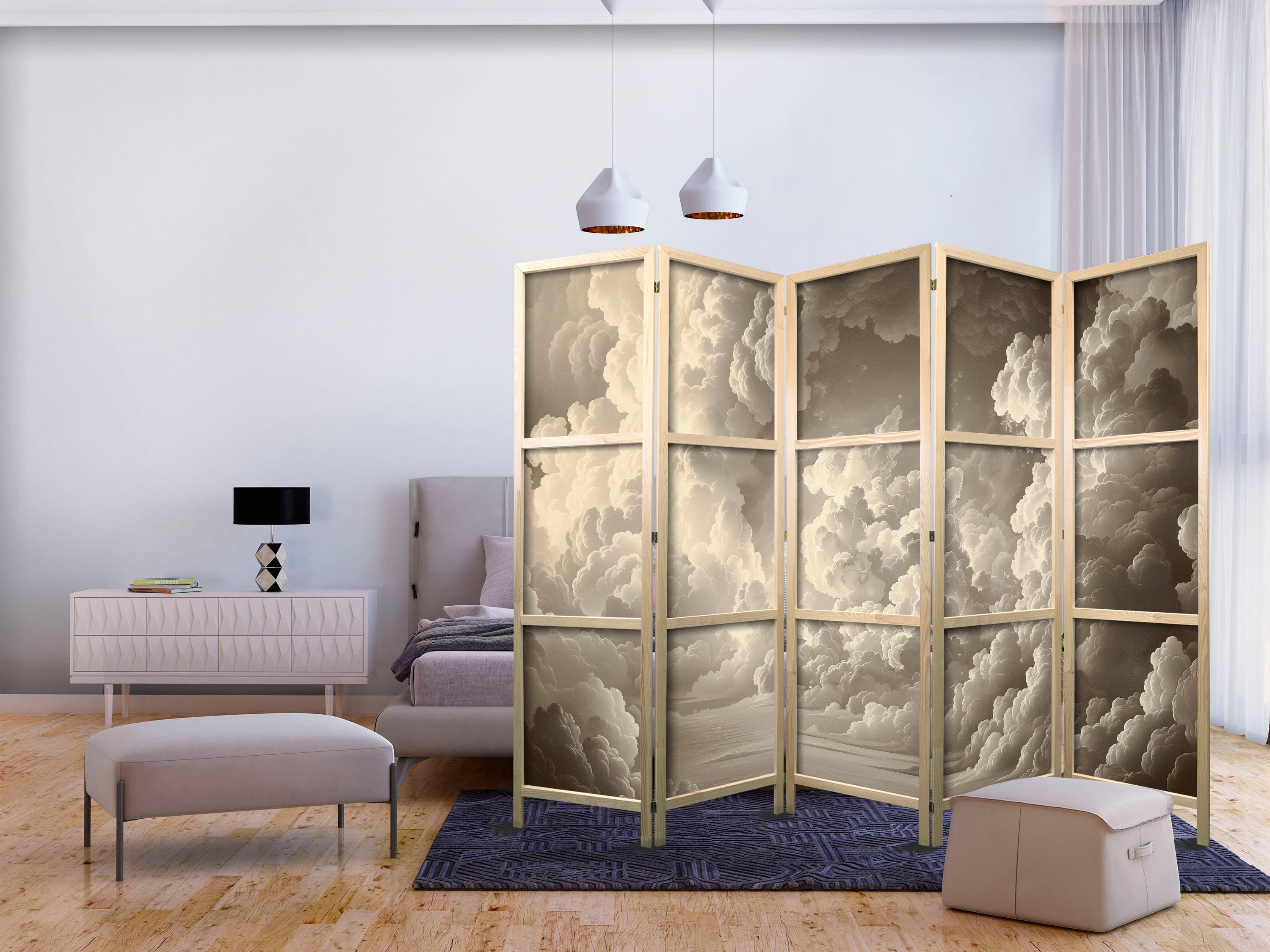 Japanese room divider Szept rozświetlonych chmur: Miękka gra światła w teatrze niebios 225×172 cm, Japanese