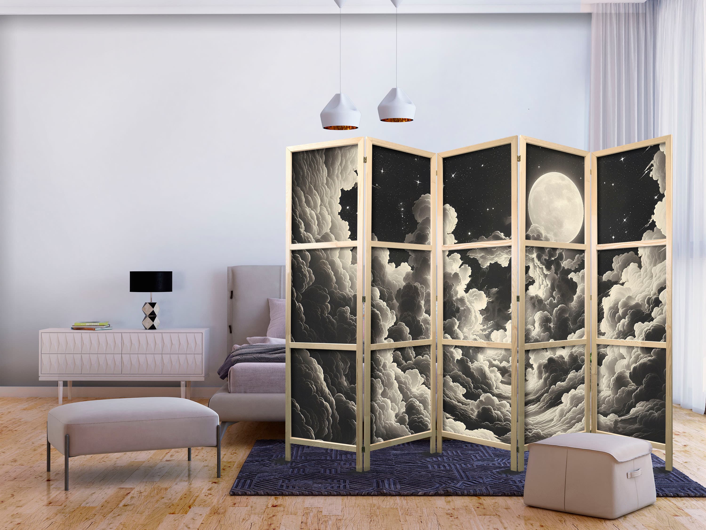 Japanese room divider Księżyc i gwiazdy śpiewające wśród wielkich chmur 225×172 cm, Japanese