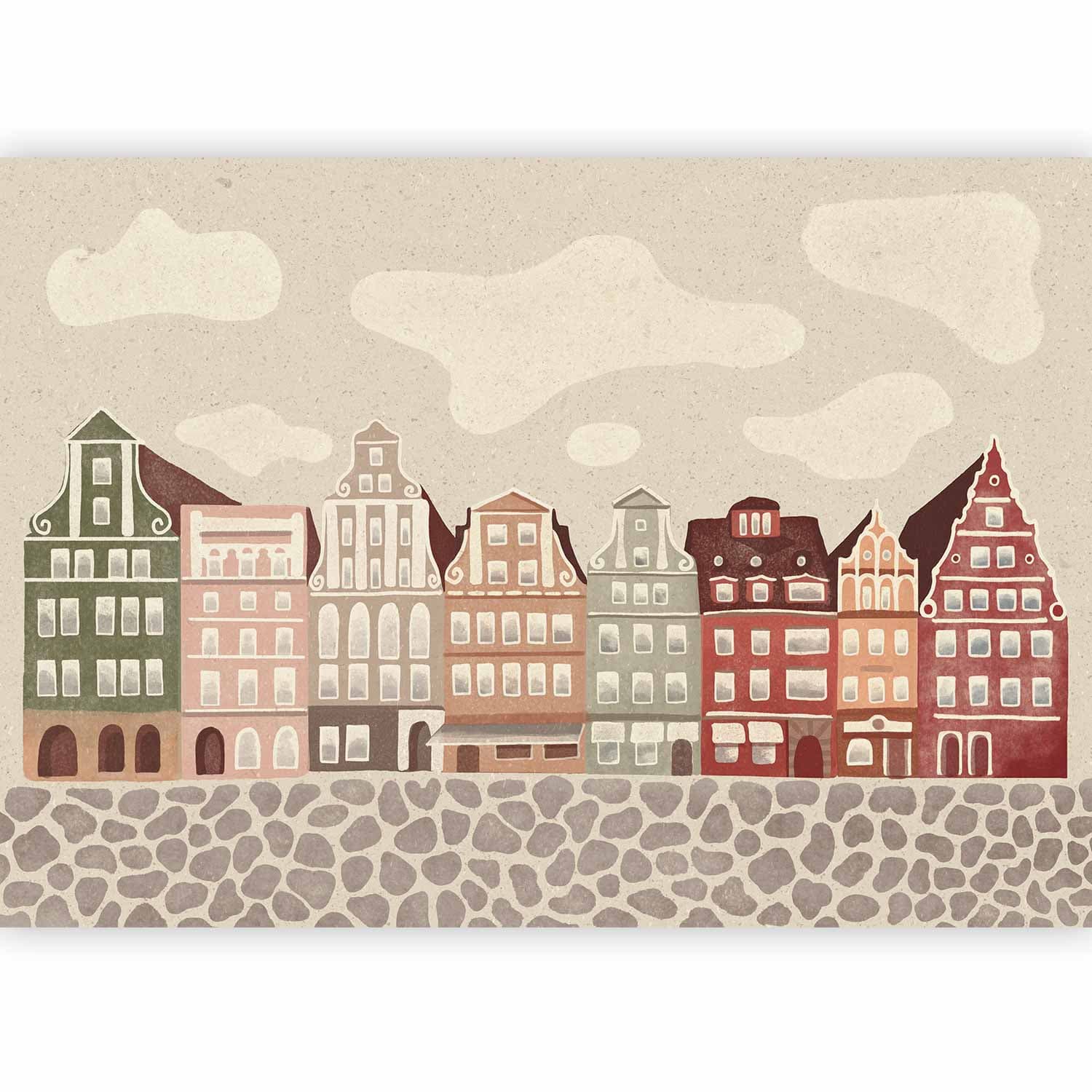 Fototapeta Plac Solny - kolorowe ilustrowane kamieniczki na tle nieba z chmurami 300×210 cm, flizelina standard