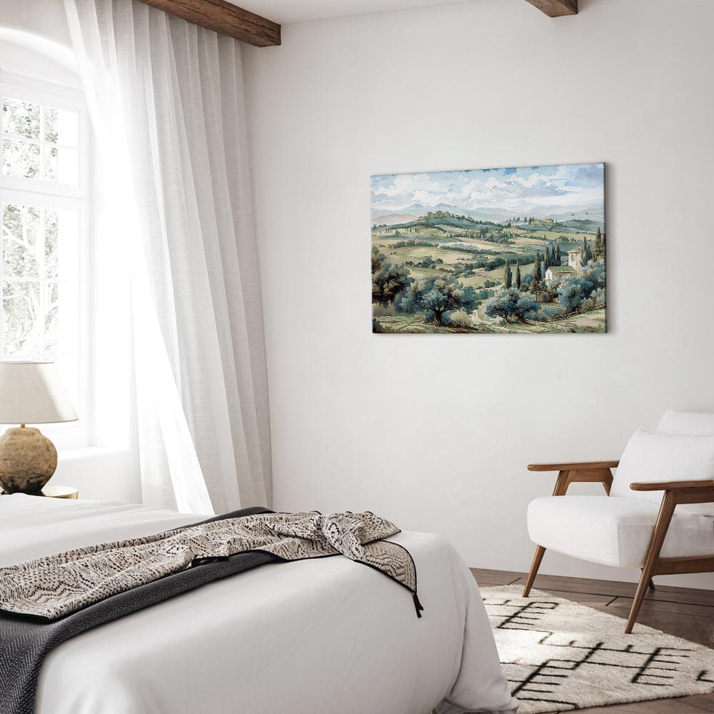 Obraz na płótnie Pejzaż z zielonymi polami i drzewami toskański słoneczny widok 90×60 cm, płótno standard