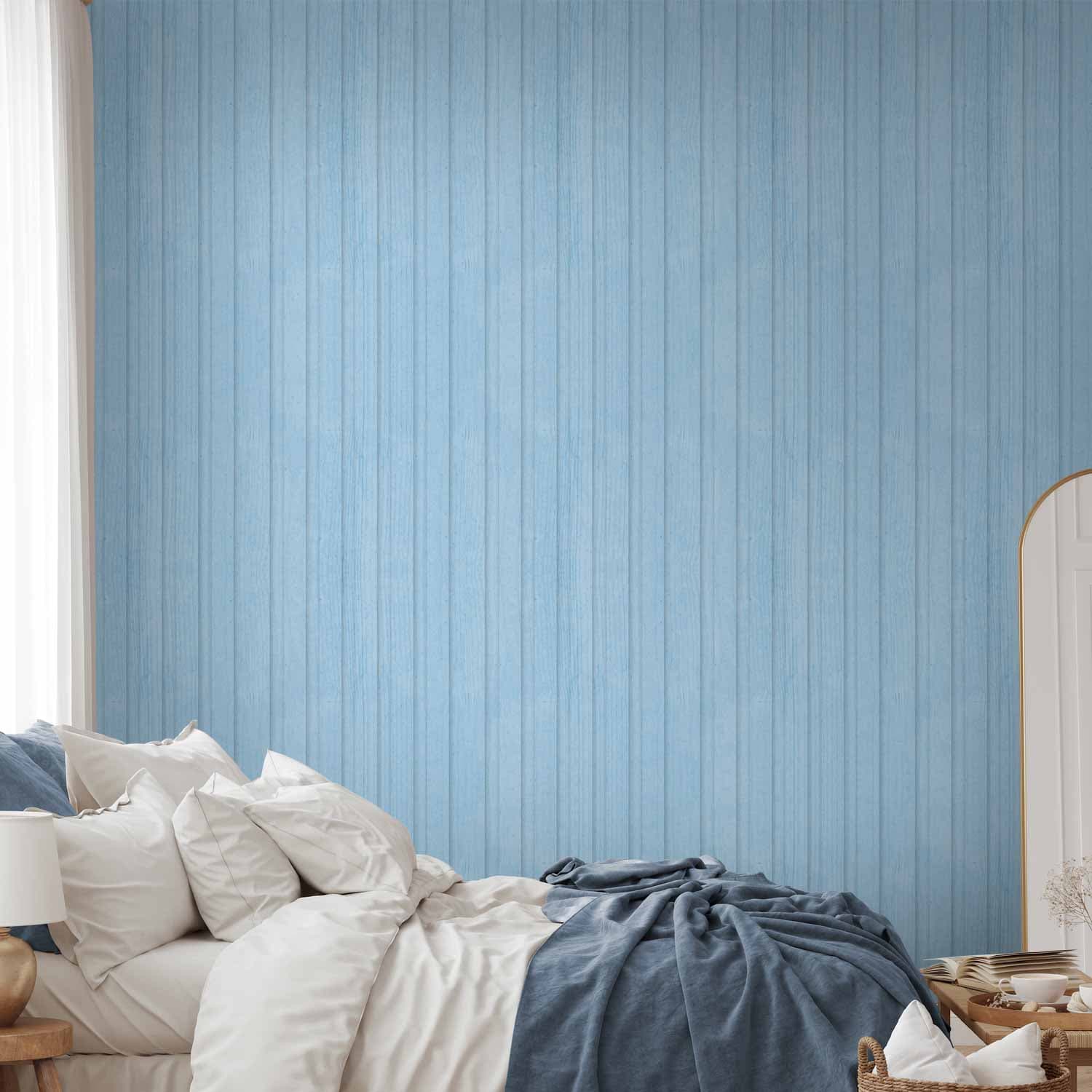Tapete Błękitne Panele - drewniane deski w pastelowym odcieniu niebieskiego 50×1000 cm, Vlies Standard