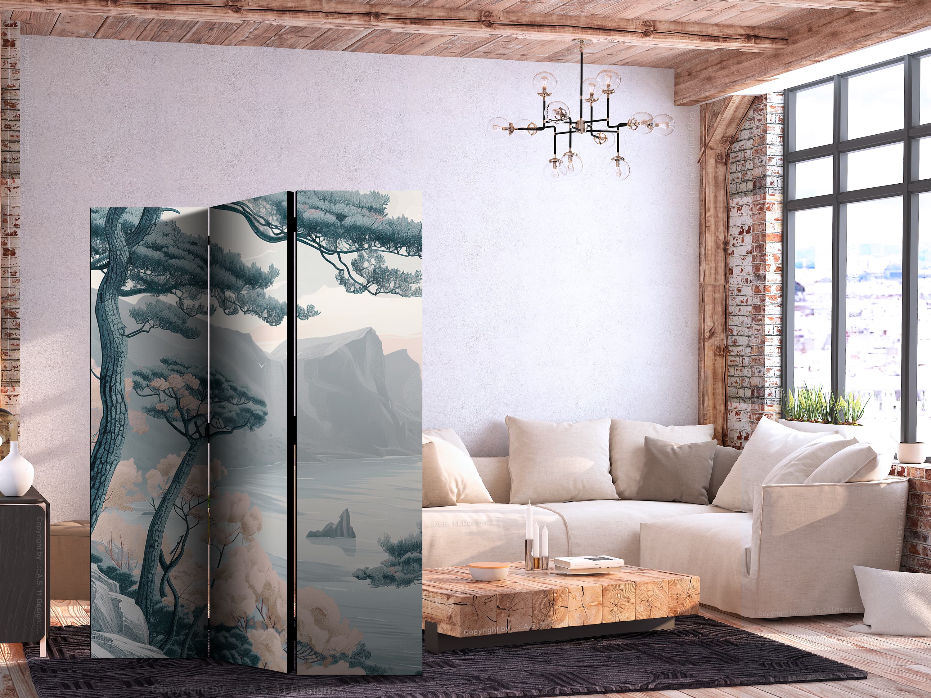 Paravent Górzyste wybrzeże z drzewami i skałami - w lekkich pastelowych błękitach 135×172 cm, einseitig