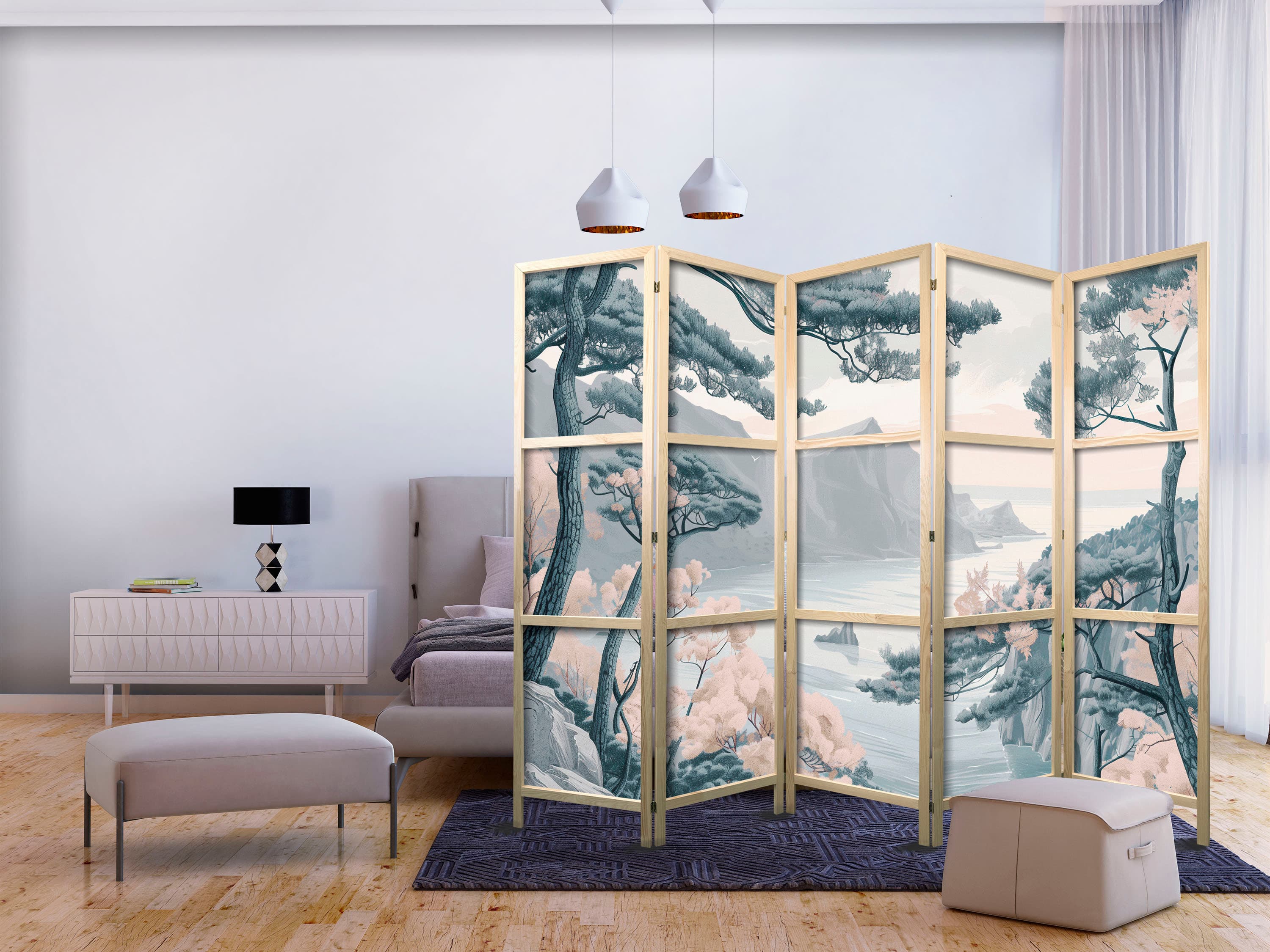 Japanese room divider Górzyste wybrzeże z drzewami i skałami - w lekkich pastelowych błękitach 225×172 cm, Japanese