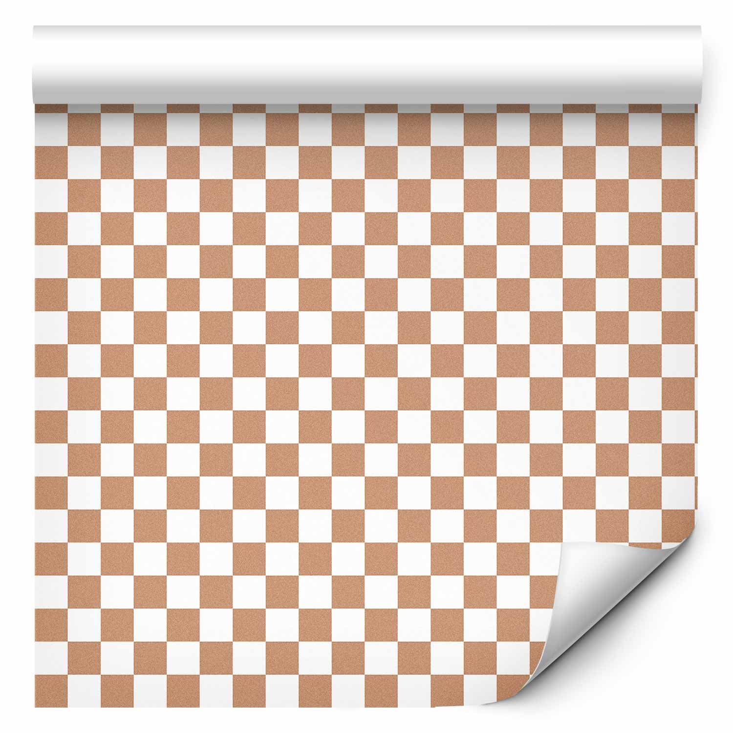 Tapete Szachowy Wzór - brązowo-biała kratka z delikatnym szumem 50×1000 cm, Vlies Standard