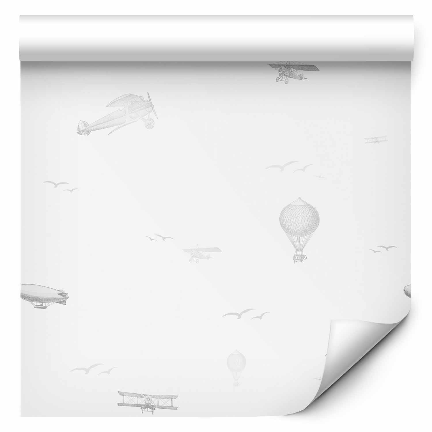 Wallpaper Rysunek - samoloty - balony i sterowce na tle nieba pełnego ptaków 50×1000 cm, standard non-woven