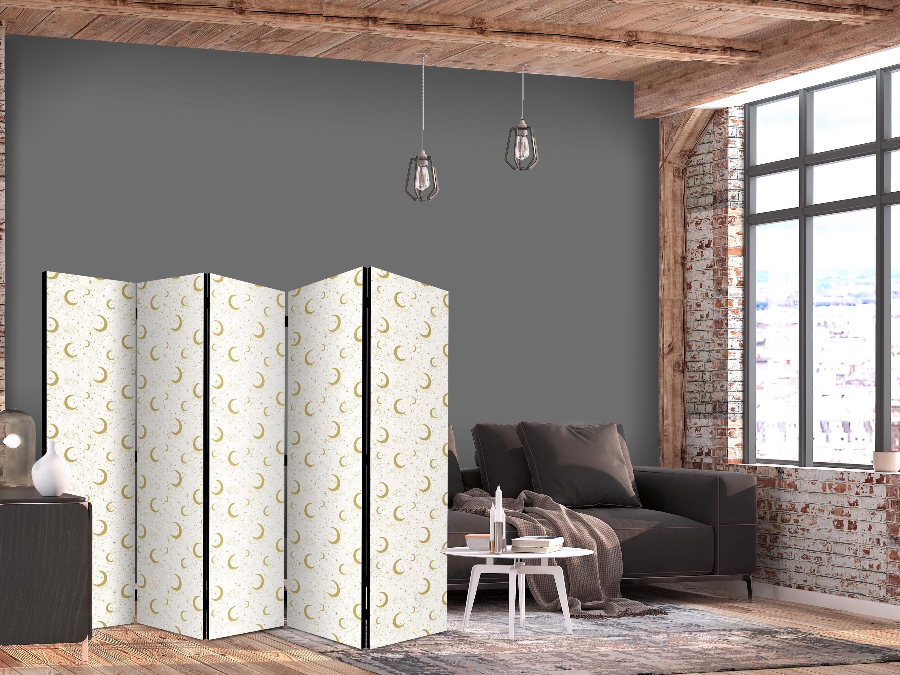 Parawan Księżycowe Noce - delikatne księżyce i chmury w ciepłej tonacji 225×172 cm, akustyczny