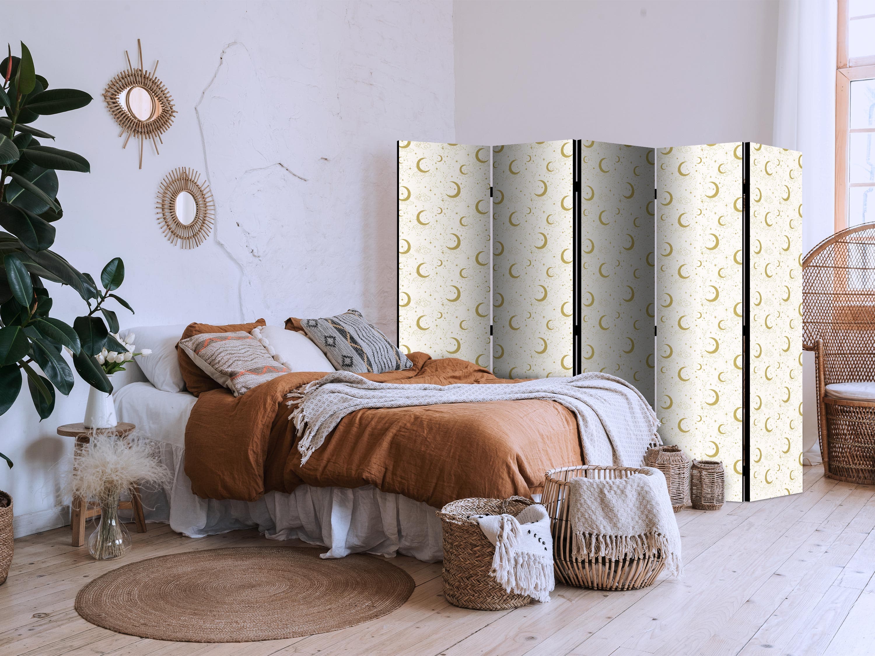 Parawan Księżycowe Noce - delikatne księżyce i chmury w ciepłej tonacji 225×172 cm, akustyczny