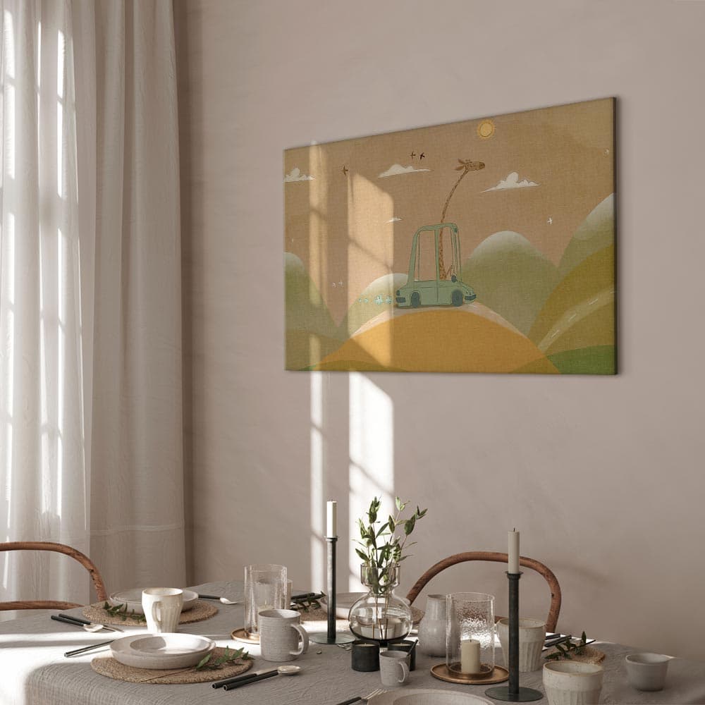 Leinwandbild Rozmarzona podróżniczka - wesoła żyrafa jadąca autem w słoneczny dzień 30×20 cm, italienische Leinwand